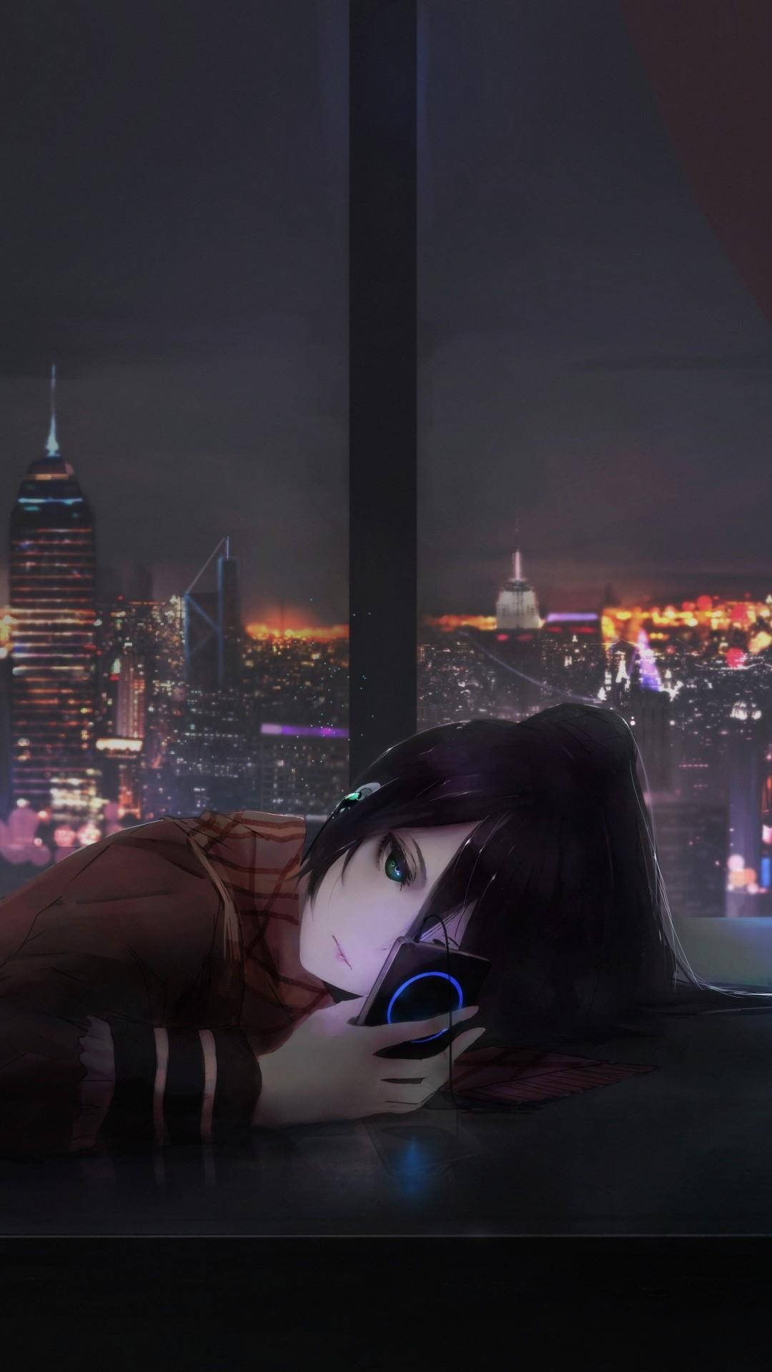 Download Anime Girl Sad Alone Using Phone On Desk Wallpaper 