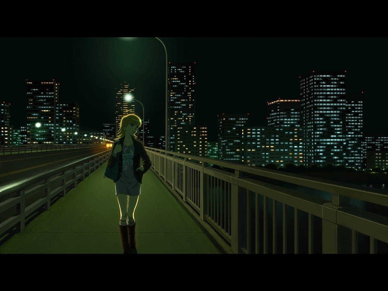 Anime Girl Sad Alone Walking On Bridge Wallpaper