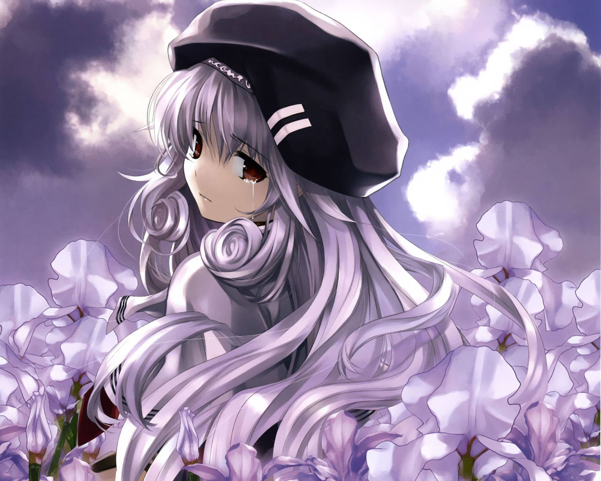 Chicade Anime Triste Y Sola Con Estética Blanca De Flores. Fondo de pantalla