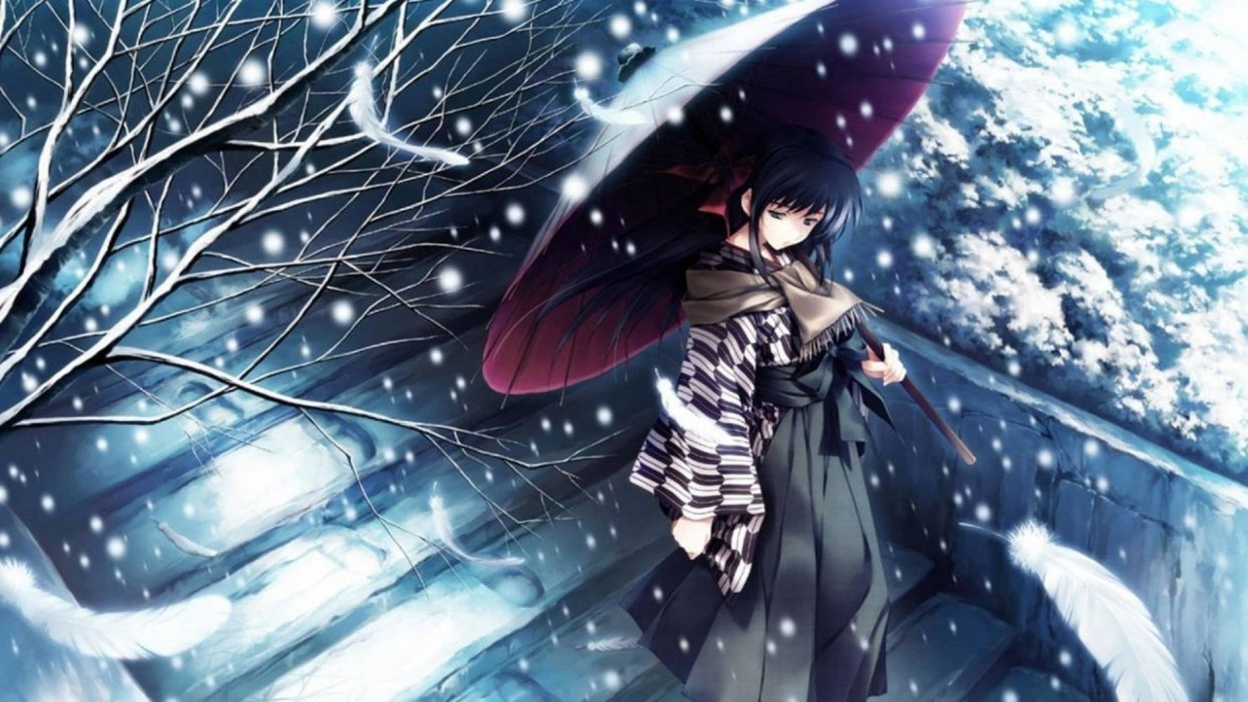 Anime Girl Sad Alone With Parasol Winter Aesthetic Wallpaper