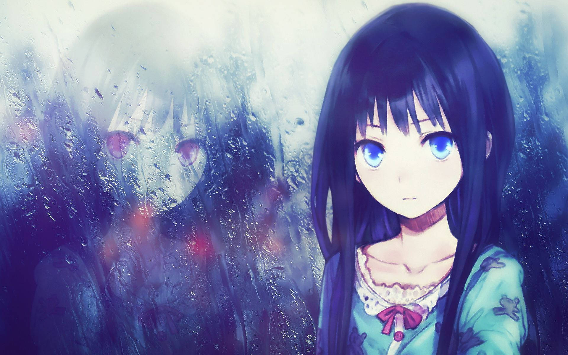 Anime pige trist alene med refleksion regnende vindue udsigt tapetvæg. Wallpaper