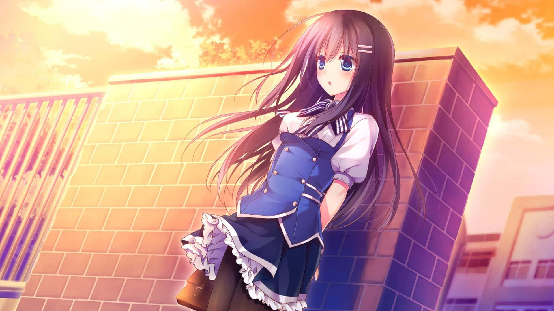 Anime Girl School Uniform Sunset Wallpaper