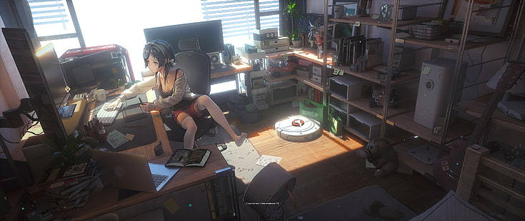 Animemädchen Sitzt Bequem Und Arbeitet An Ihrem Laptop Wallpaper