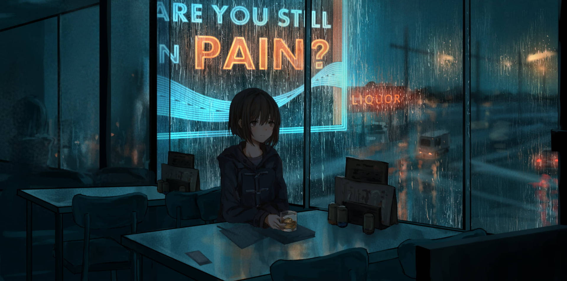 Anime Girl Sitting Alone At Diner Wallpaper