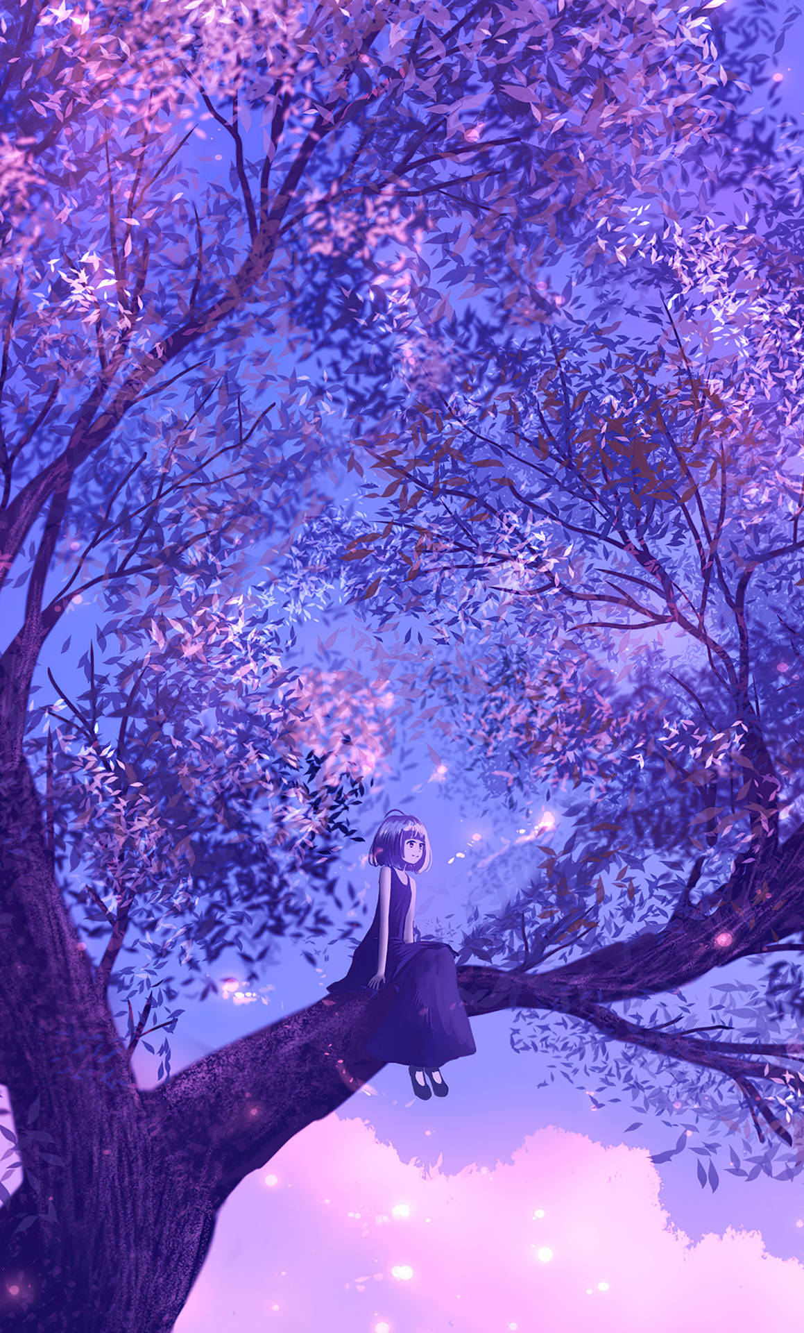 Anime Girl Sitting On Purple Tree Wallpaper