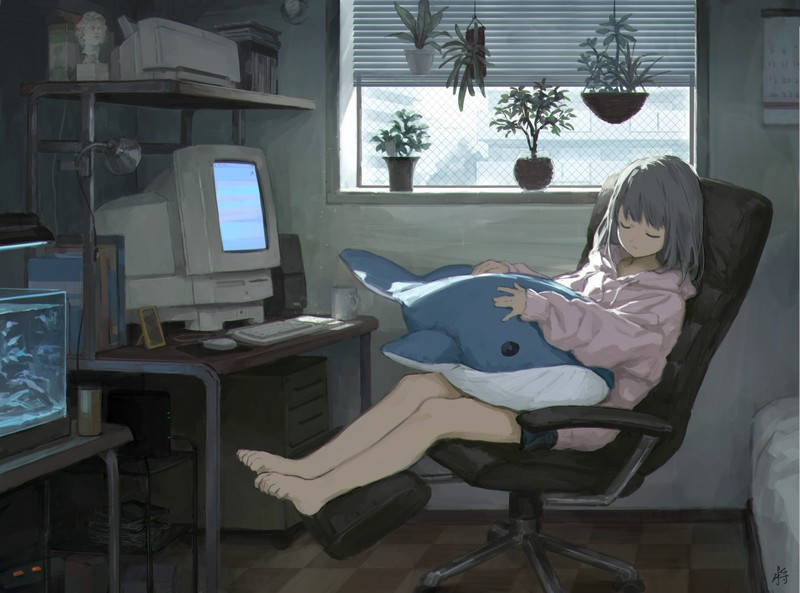 Anime Girl Sleeping In Front Of Laptop Wallpaper