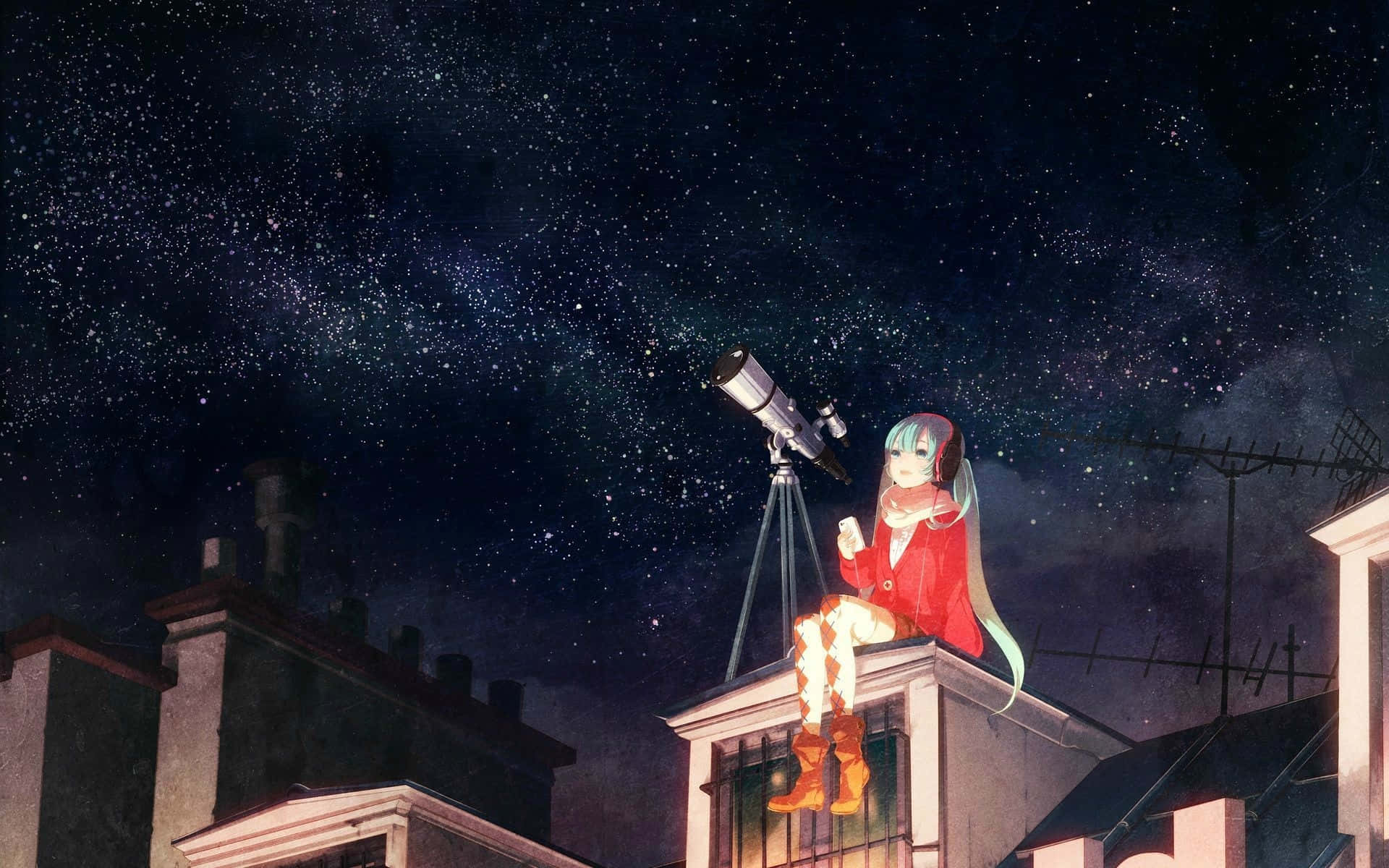 Animetjej Stjärnskådning På Taket Astronomi. Wallpaper