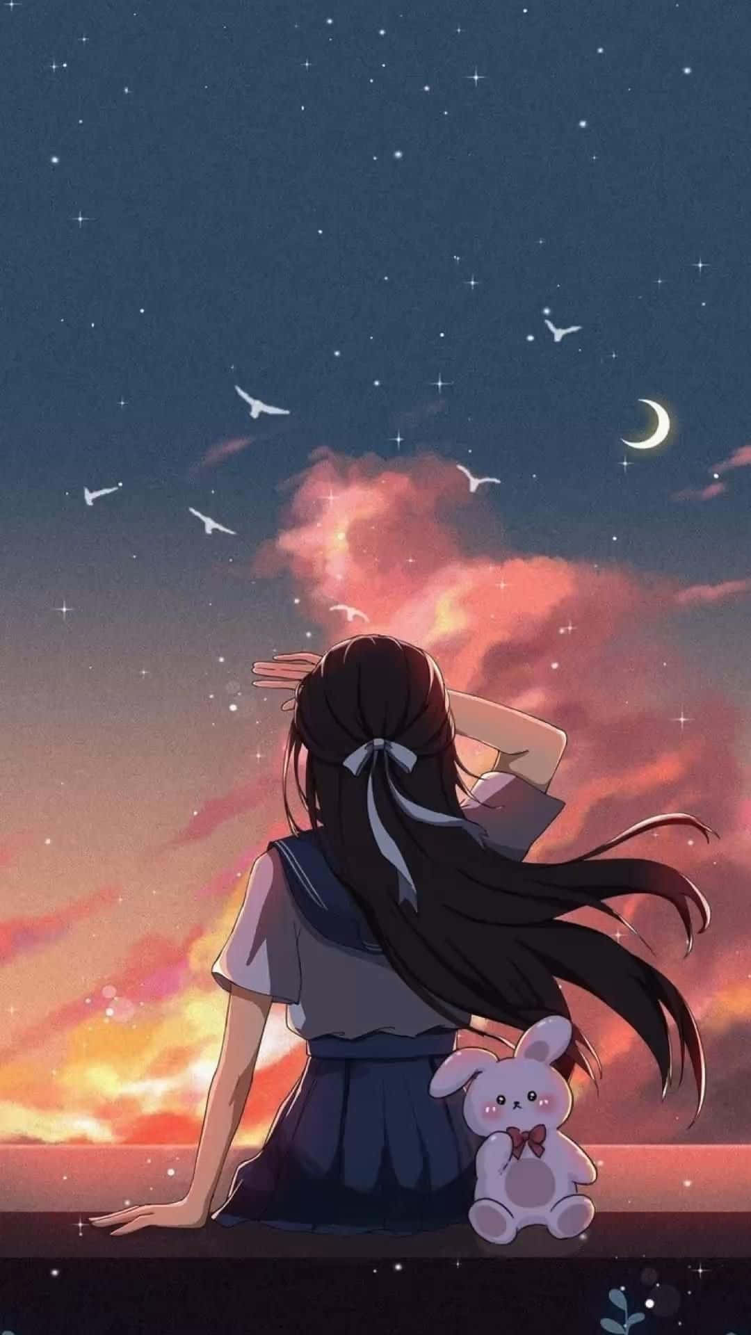 Download Anime Girl Stargazing With Plushie Wallpaper | Wallpapers.com