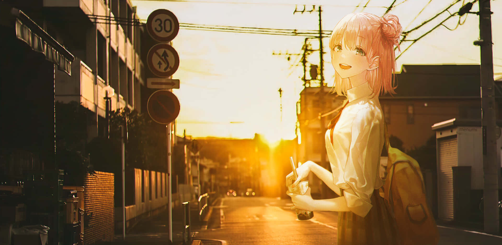 Anime Girl Sunset Stroll Wallpaper
