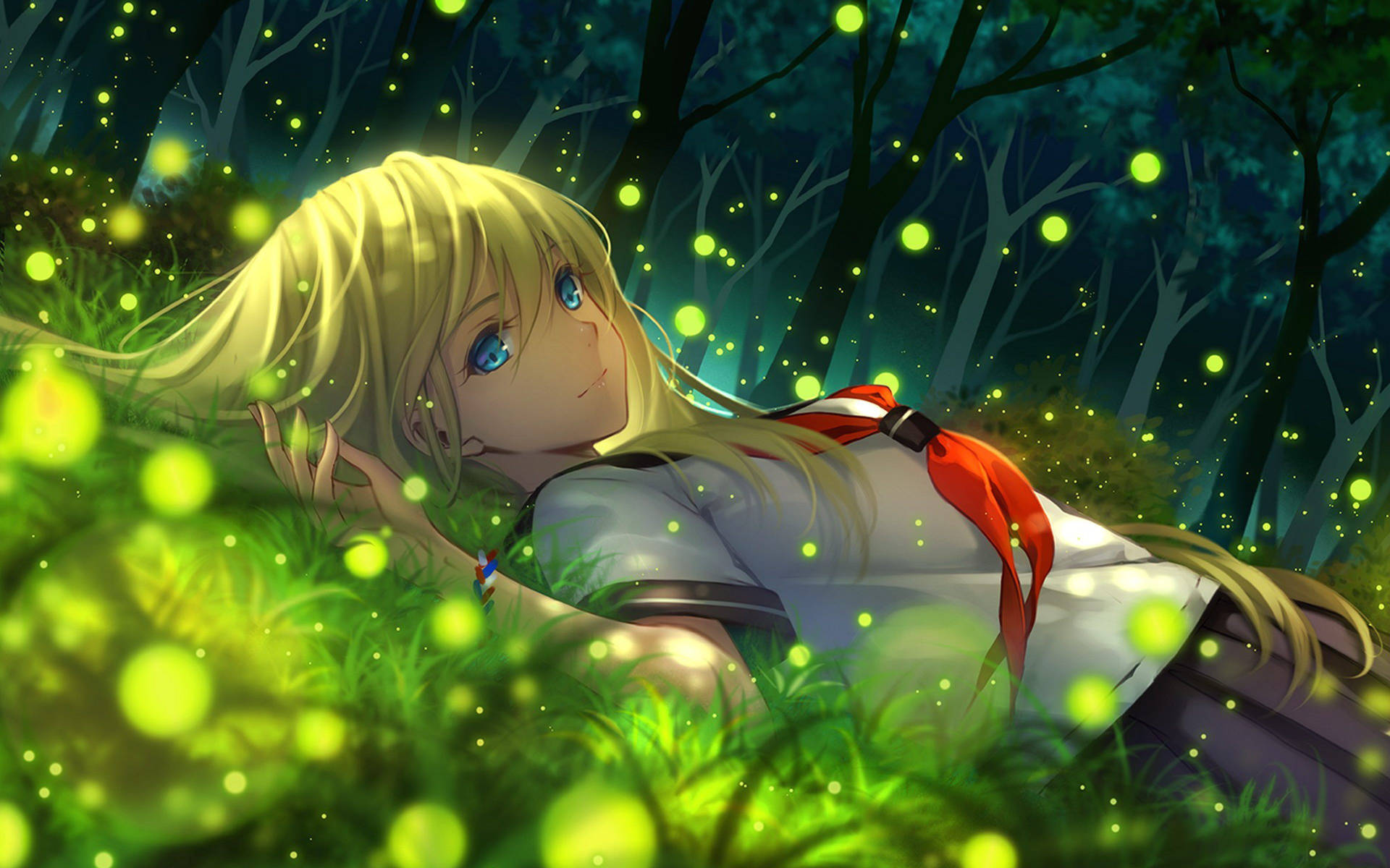 Anime girl laying on the grass with glowing circles rising up wallpaper