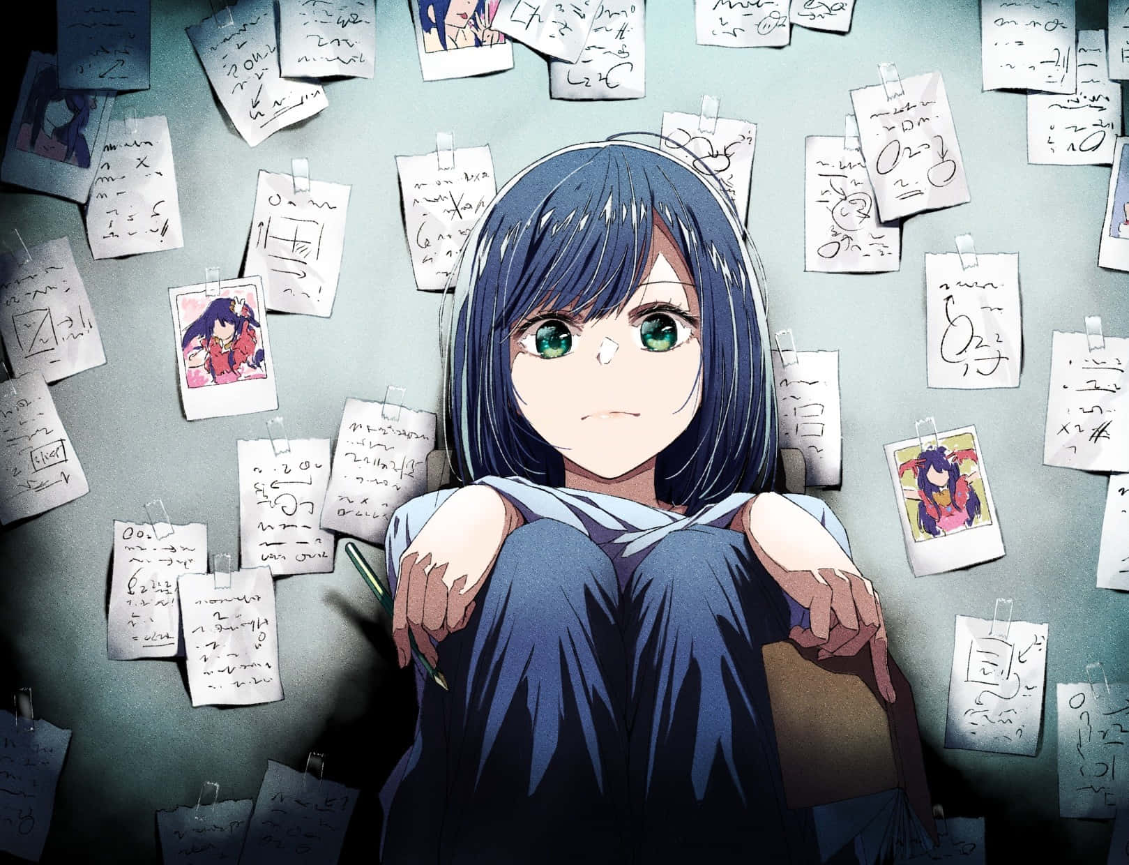 Anime Girl Surroundedby Notes Wallpaper