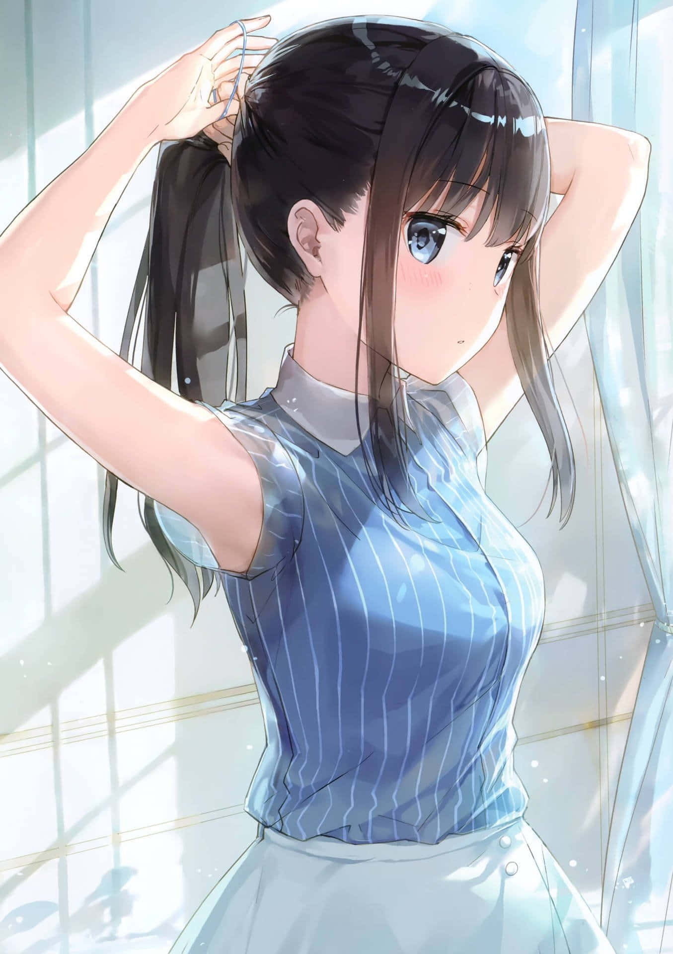 Anime Girl Tying Hair Near Window Wallpaper