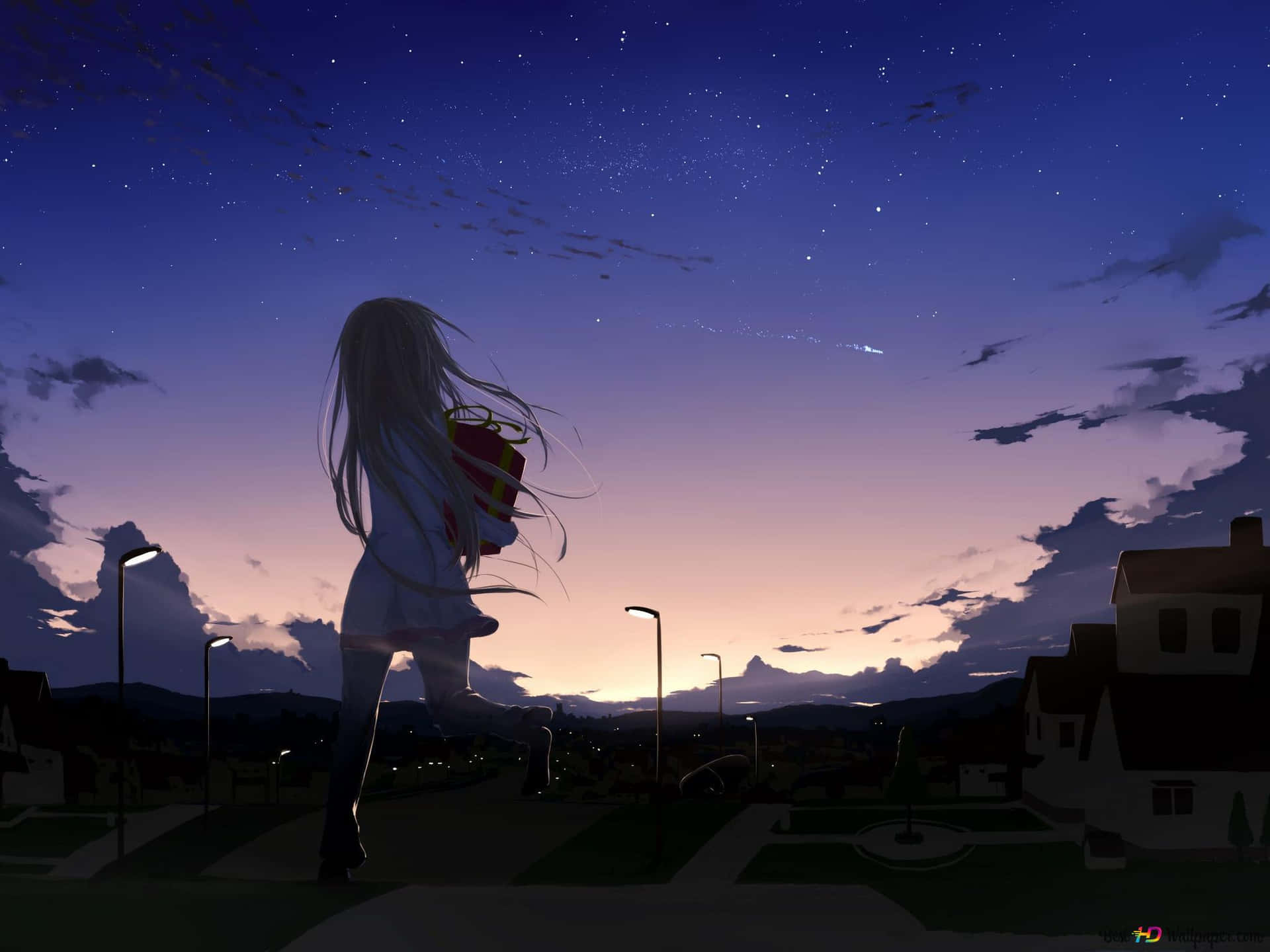Anime Girl Under Evening Sky Wallpaper