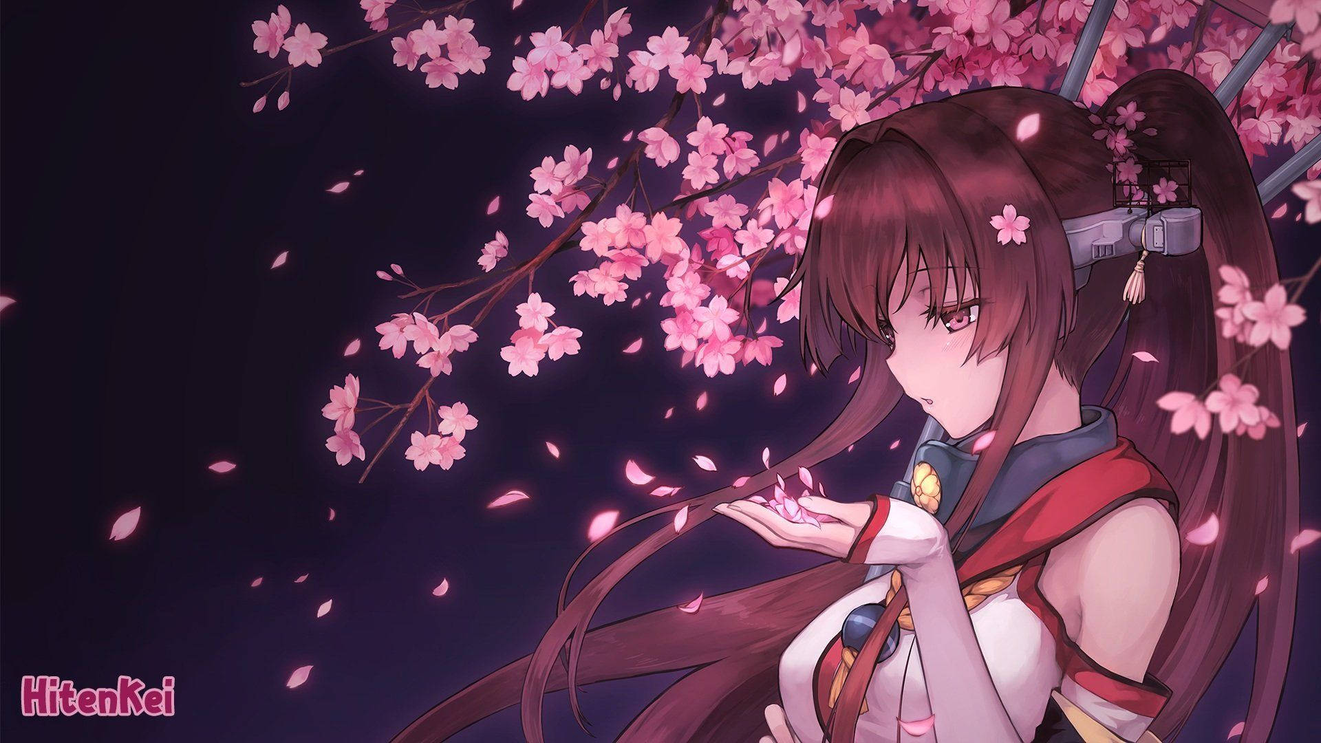 Anime girl wearing uniform standing under a pink Sakura tree wallpaper