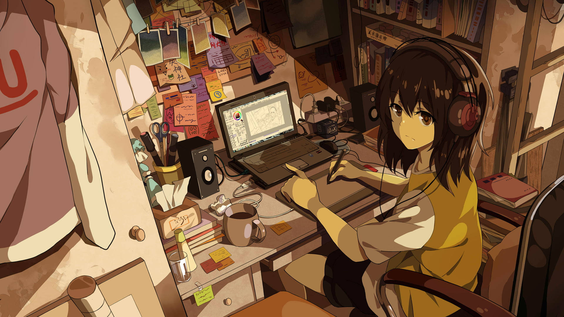 Chicade Anime Usando Un Lápiz Óptico En El Trackpad De La Laptop. Fondo de pantalla