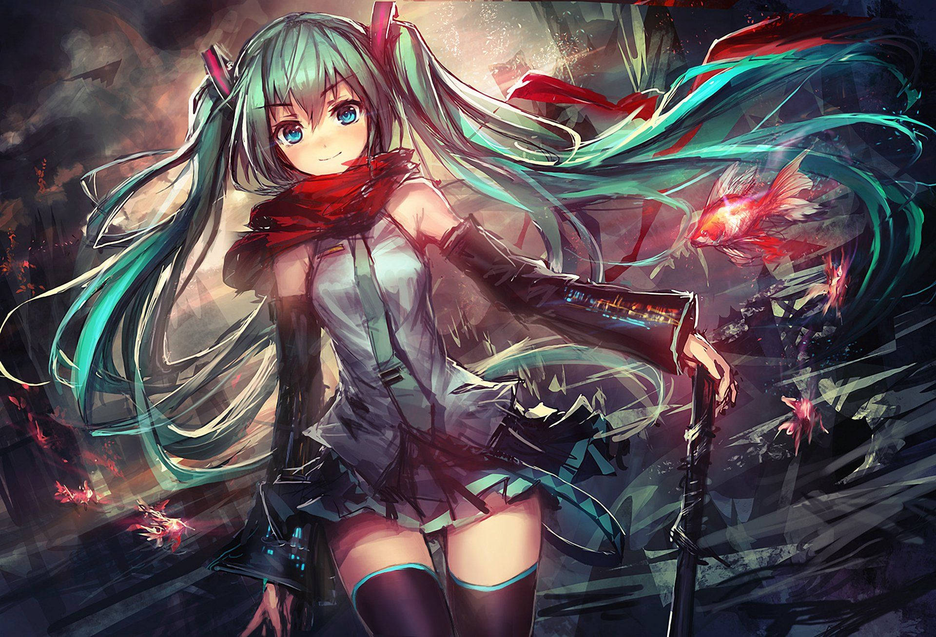 Anime girl and vocaloid Hatsune Miku with long blue ponytailed hair wallpaper