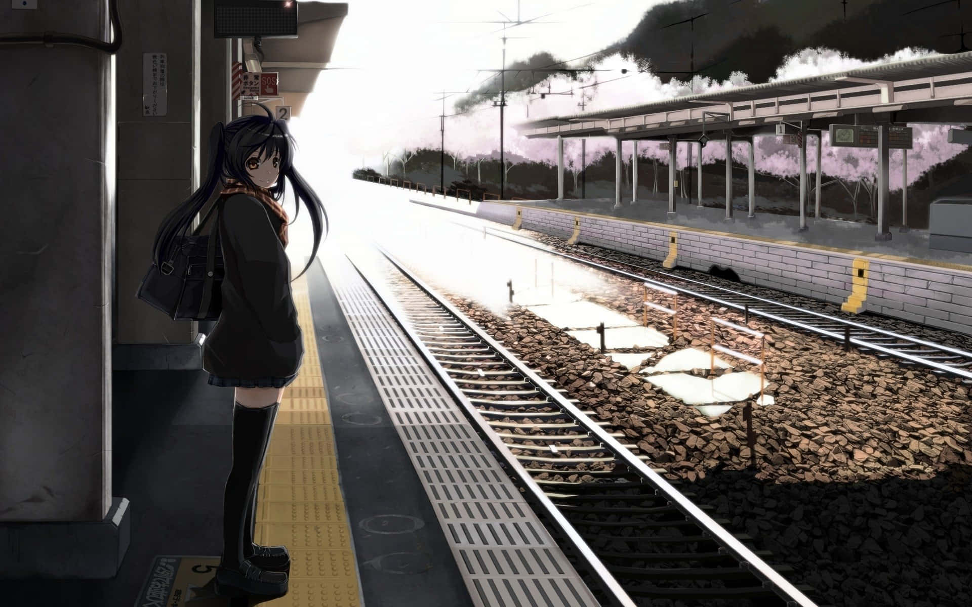 Anime Girl Waitingat Train Station Wallpaper