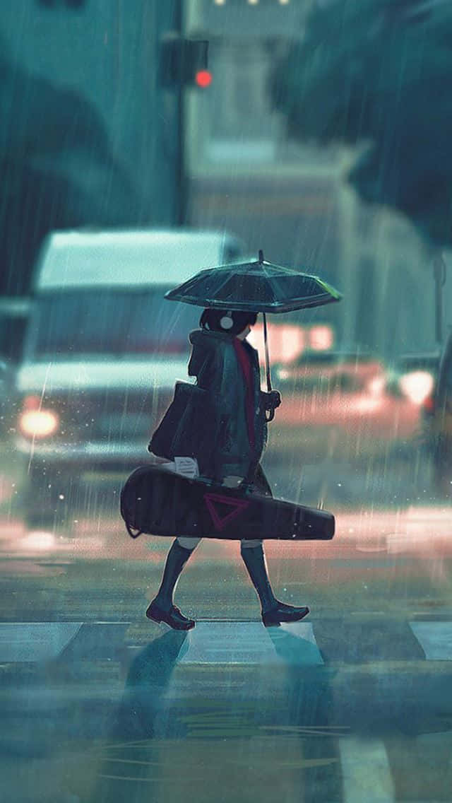 Chicade Anime Caminando Bajo La Lluvia Para Chicas. Fondo de pantalla
