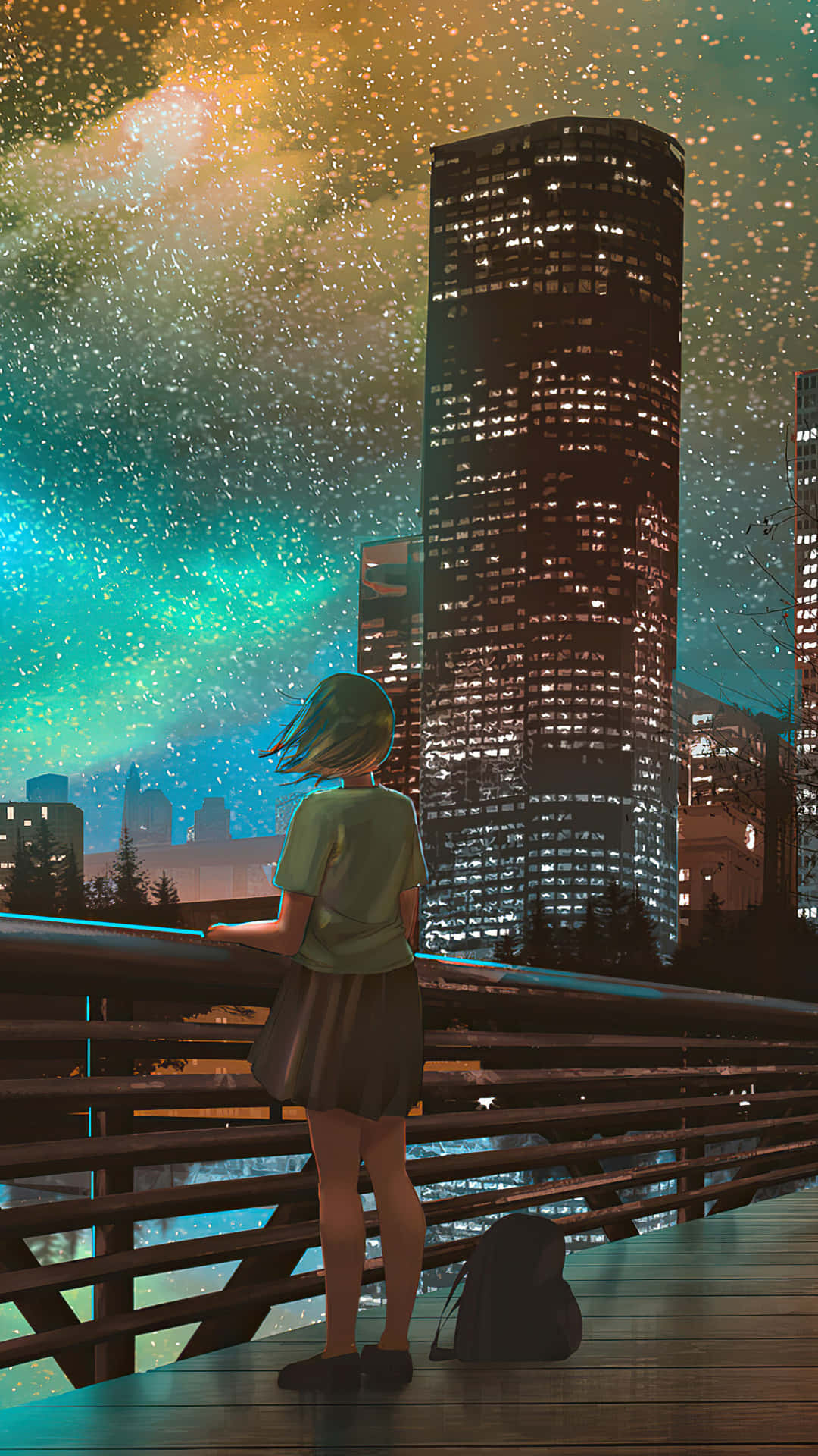 Anime Girl Watching City Buildings Wallpaper