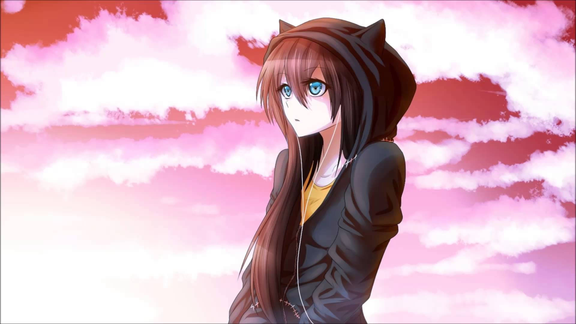 Anime girl wearing a black hoodie while listening to music wallpaper