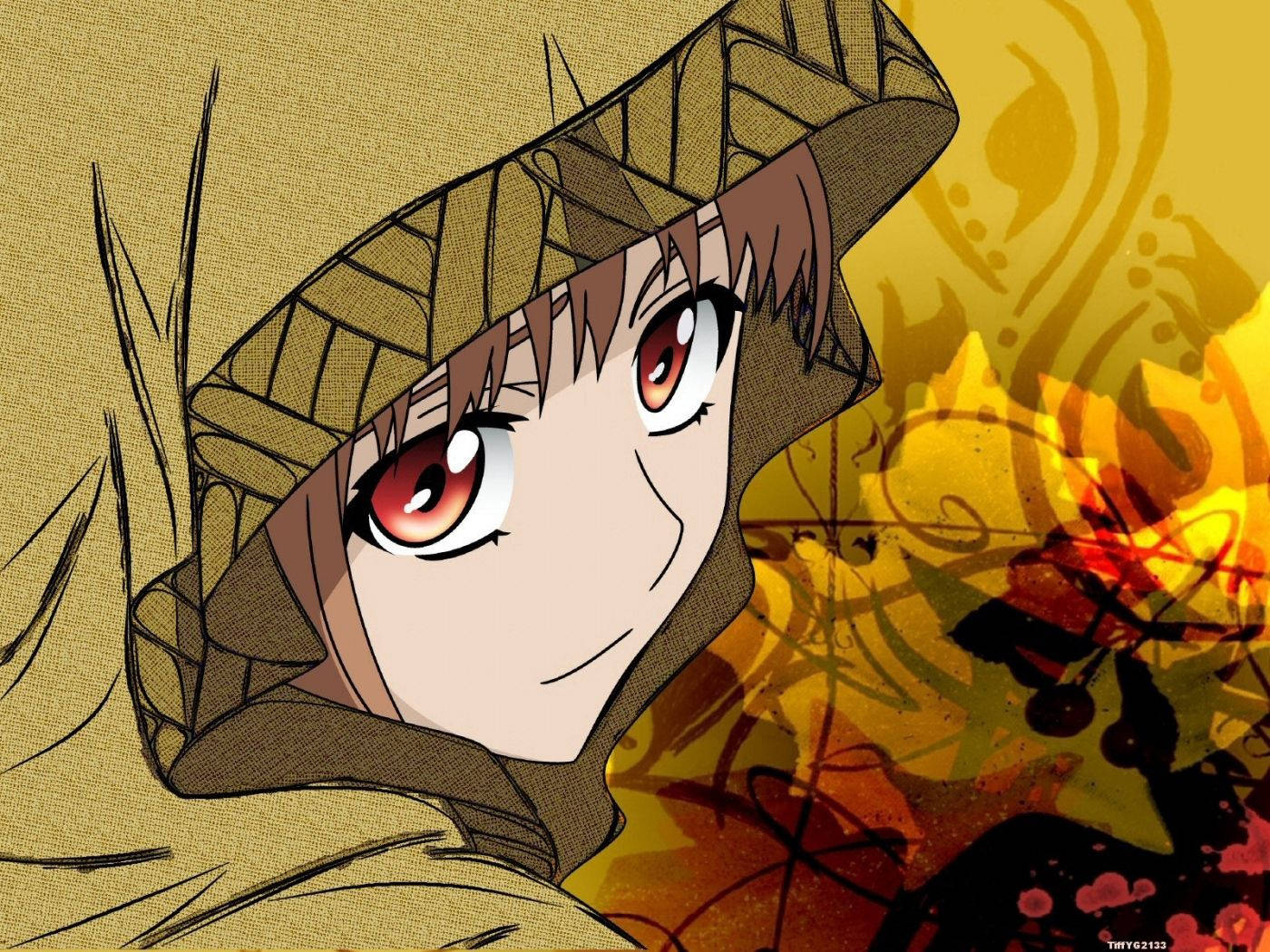 Anime girl wearing a brown cloak in a vintage surface wallpaper