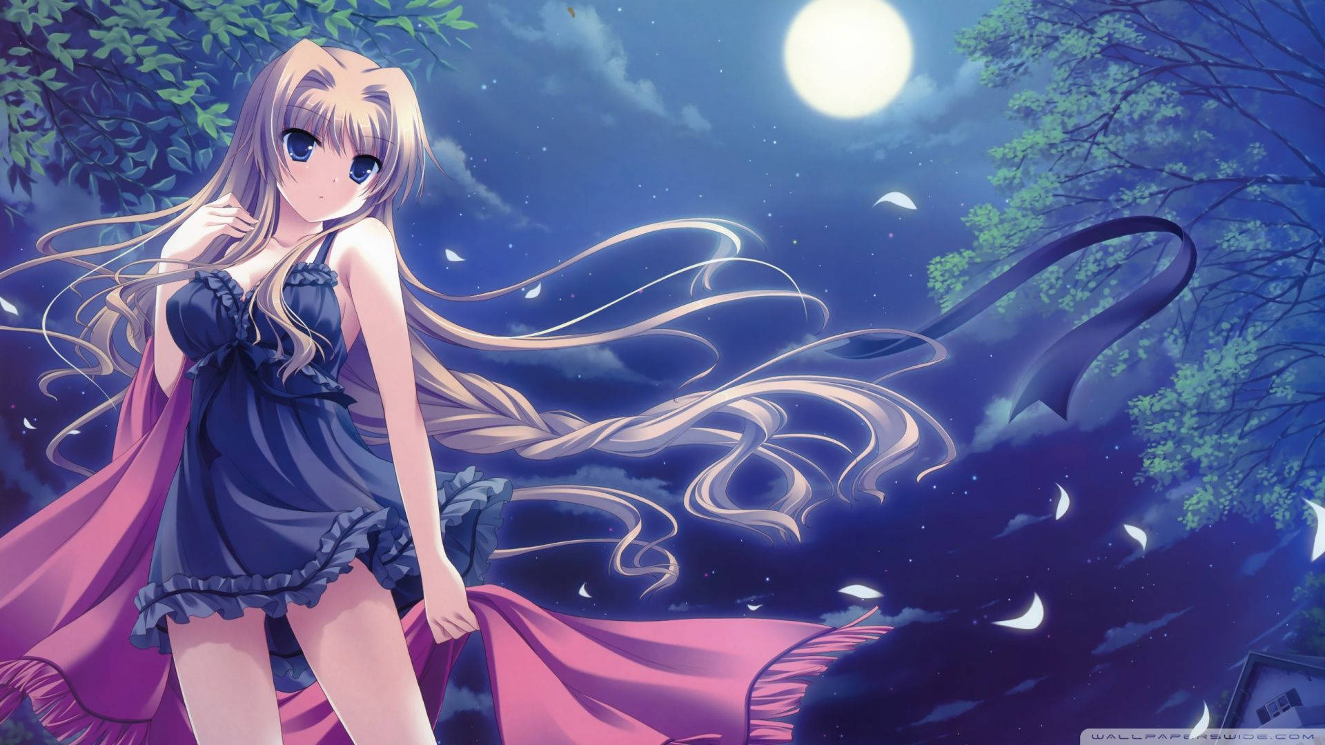 Anime girl wearing lingerie under a full moon wallpaper