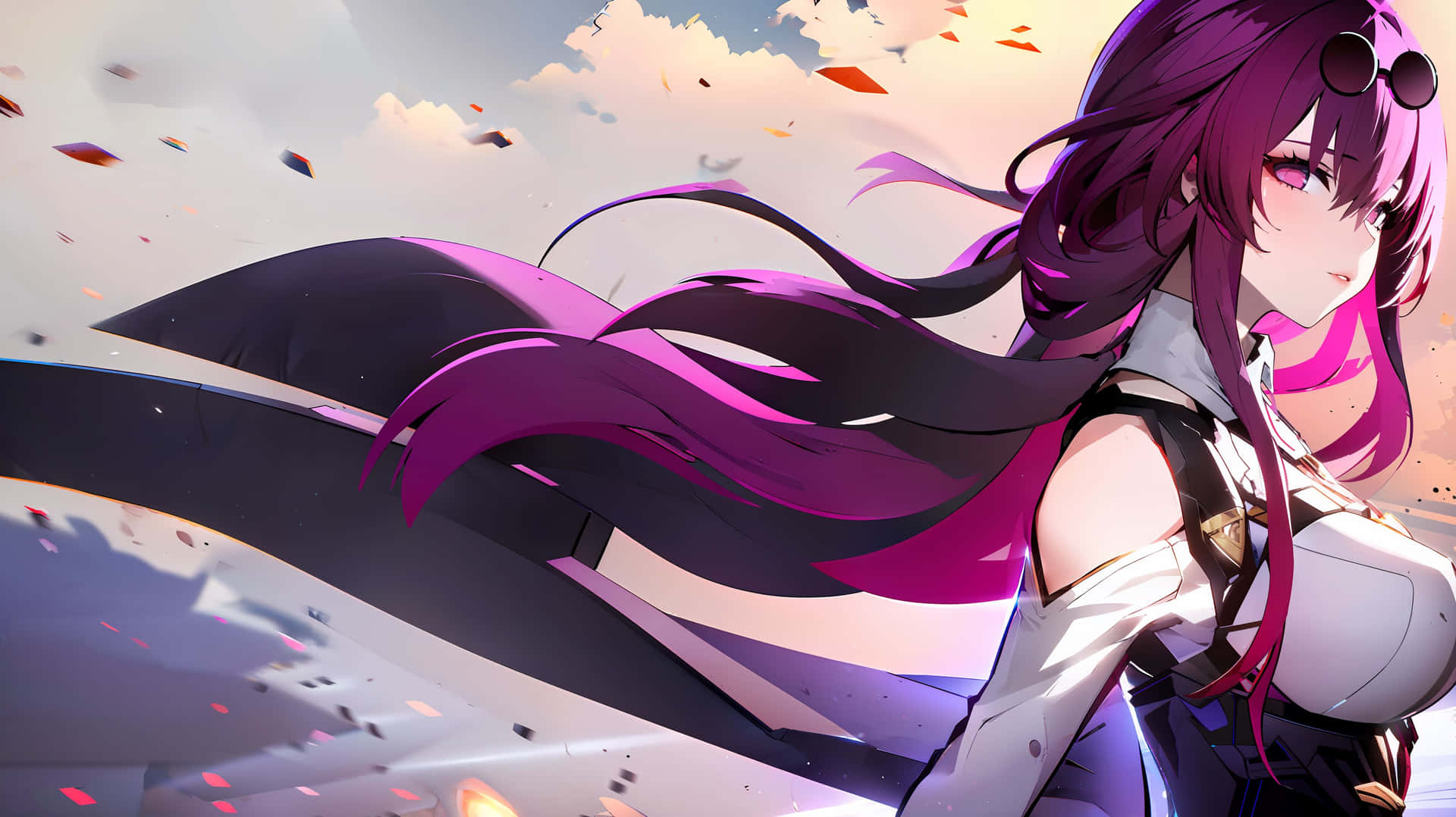Anime Girl Wind Swept Hair Sunset Wallpaper