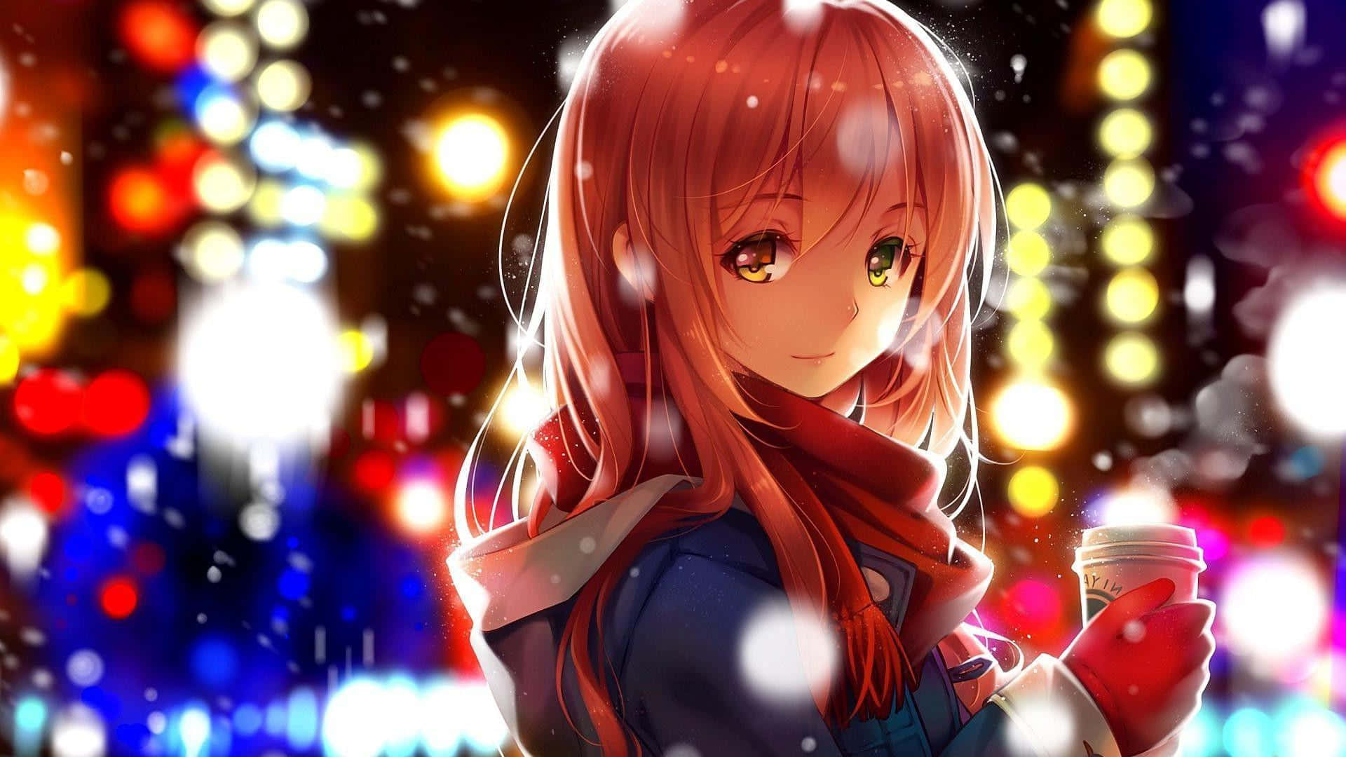 Anime Meisje Winter Nacht Lichten Achtergrond