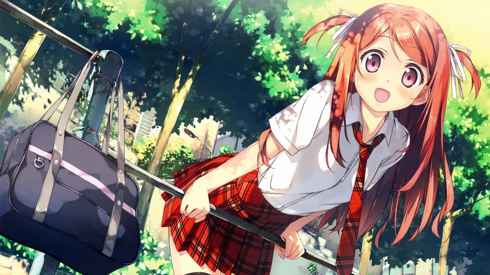 Anime Girl With Bag At School Gate Wallpaper