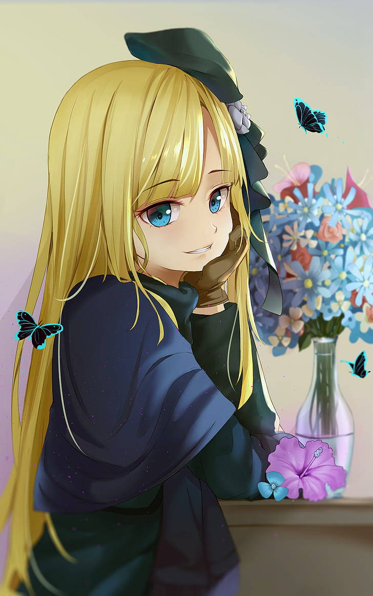 Chicade Anime Con Flor Azul En El Iphone. Fondo de pantalla