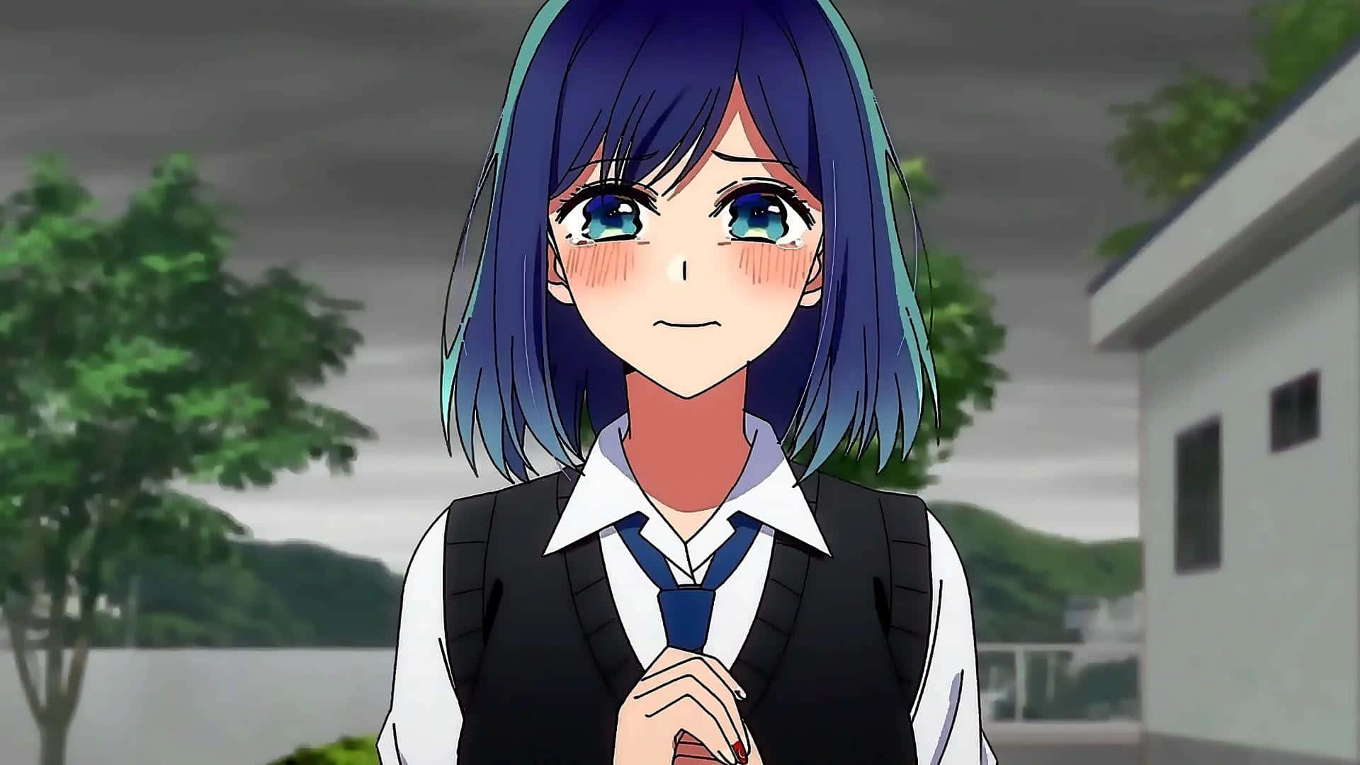 Anime Girl With Blue Hair And Teary Eyes Wallpaper