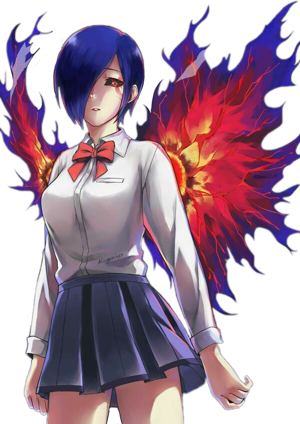 Anime Girl With Blue Hairand Flaming Wings PNG