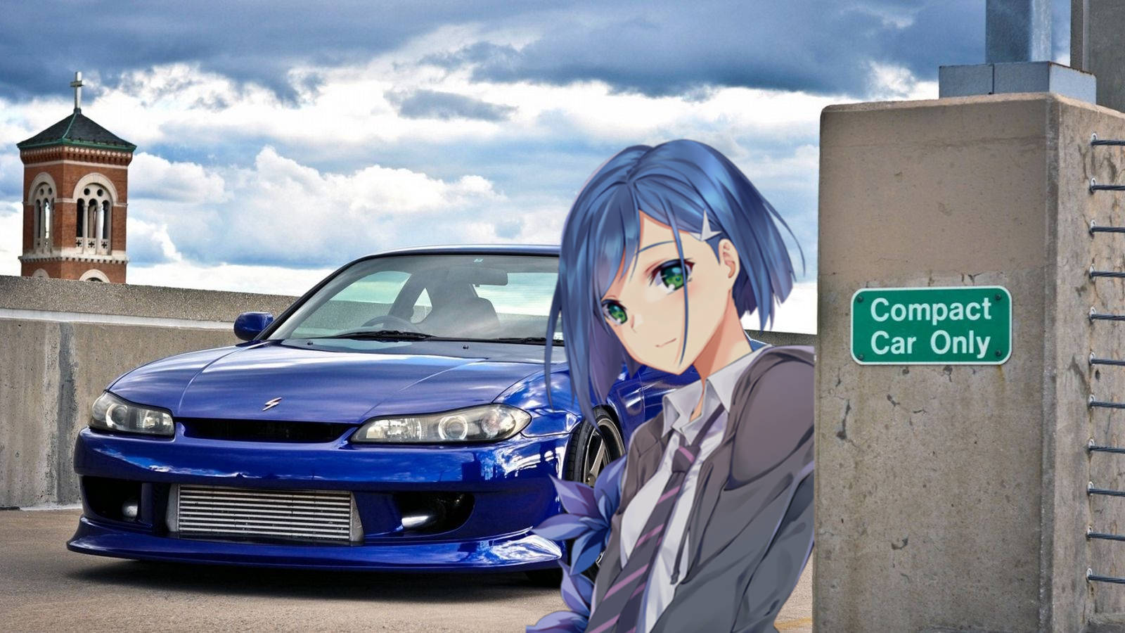 Animemädchen Mit Blauem Jdm Auto Wallpaper