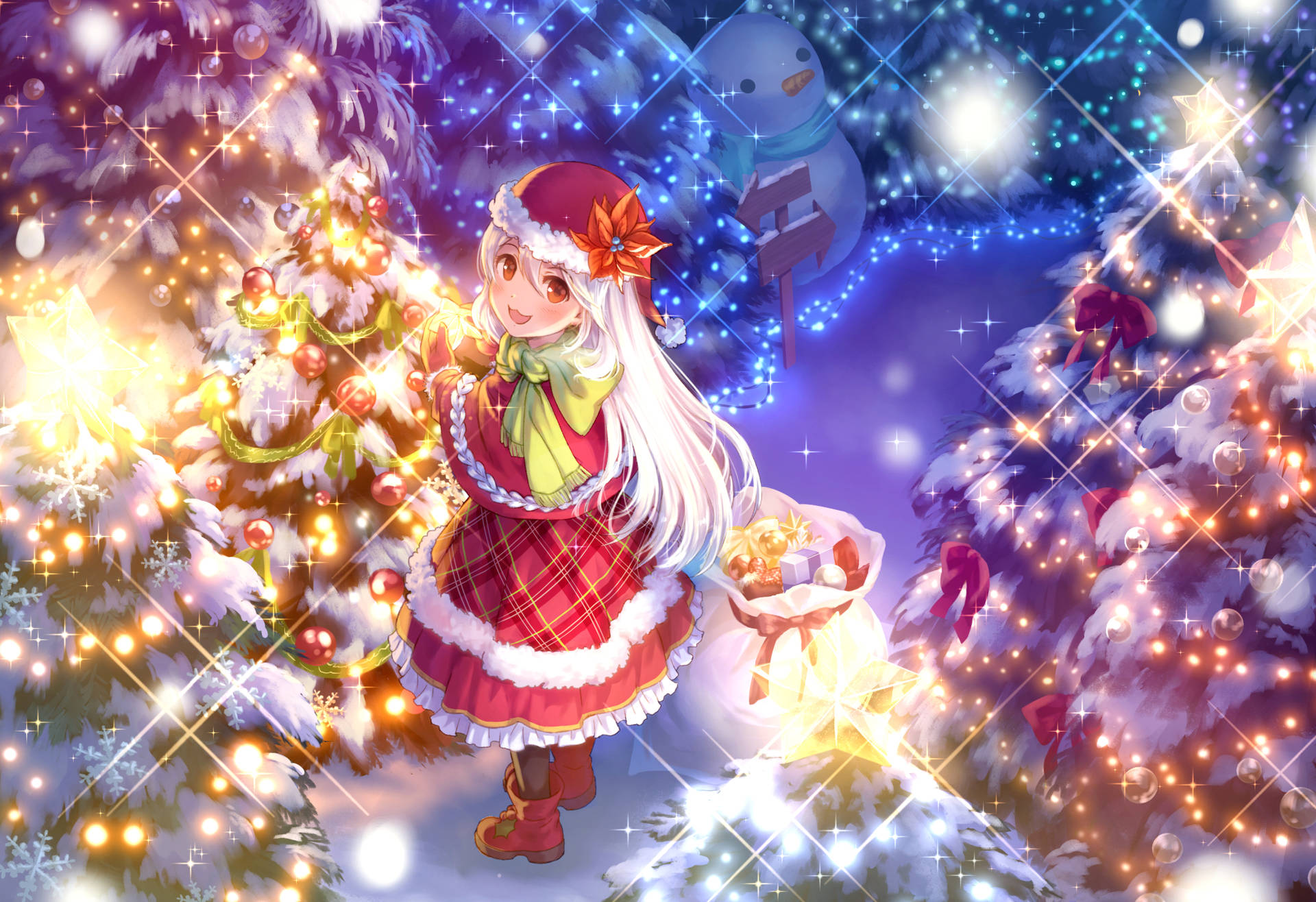 Anime Girl With Bright Christmas Lights Wallpaper