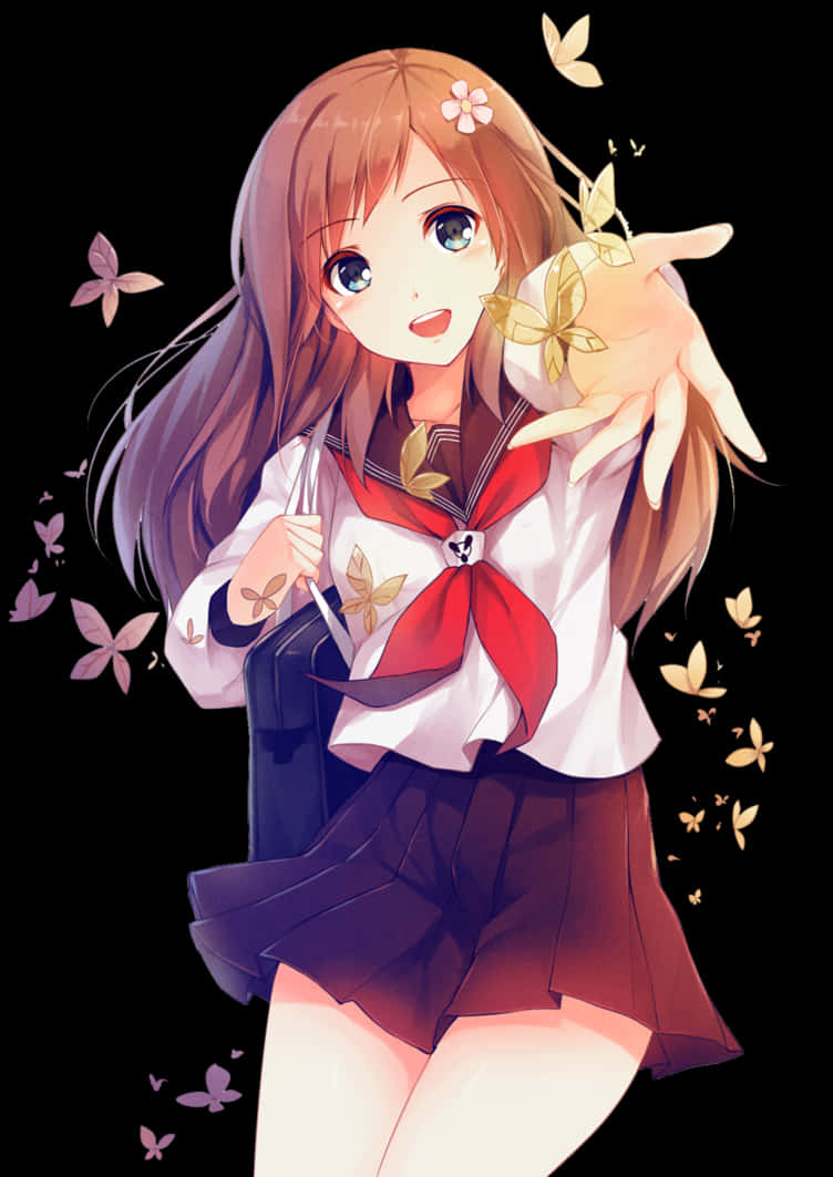 Anime Girl With Butterflyand Sakura PNG