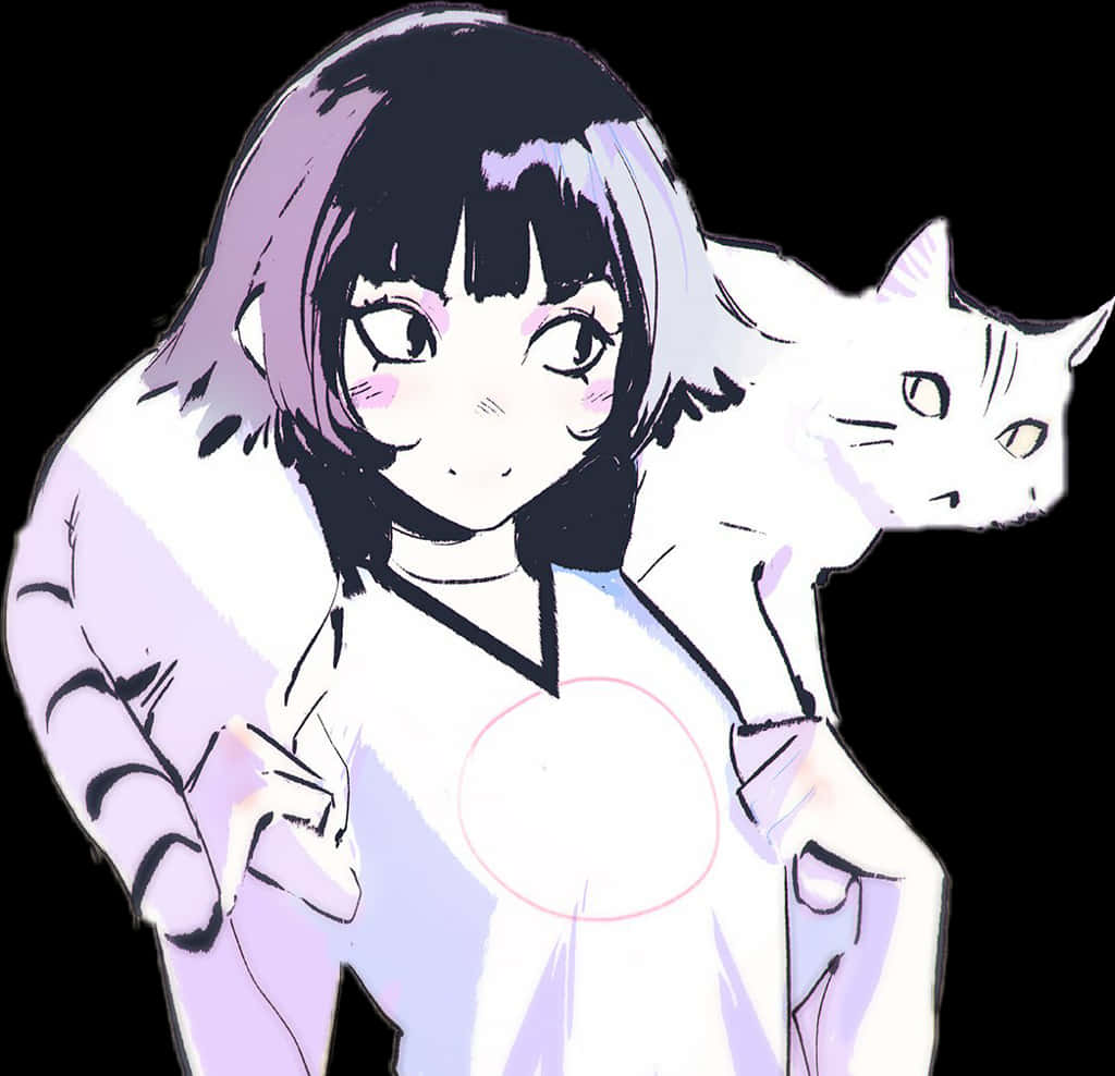 Anime Girl With Cat And Blush PNG