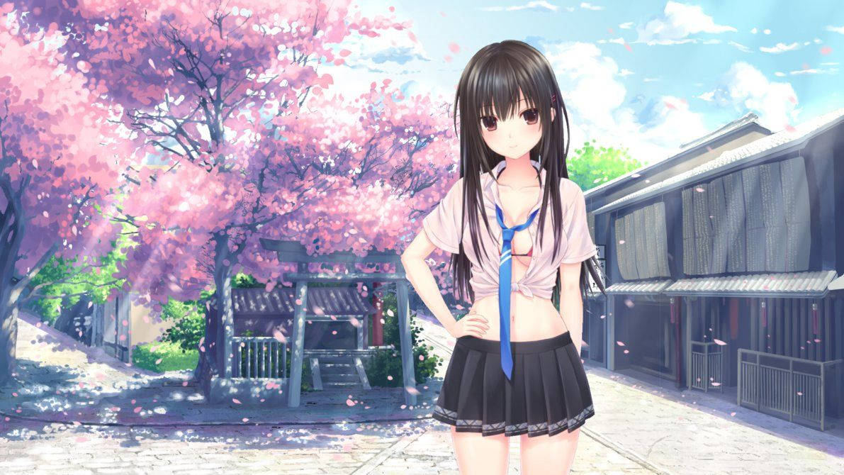 An anime girl stares off into the distance surrounded by cherry blossoms. Wallpaper