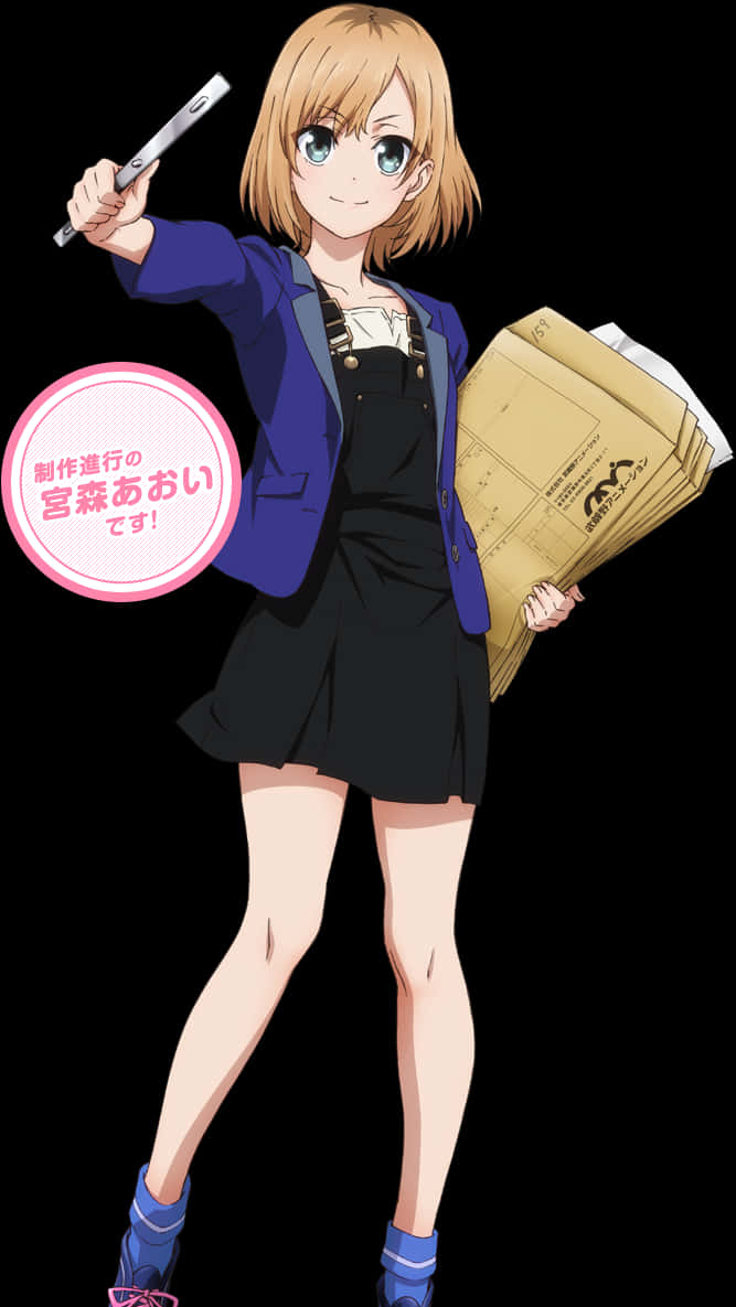 Anime Girl With Documents And Pen PNG