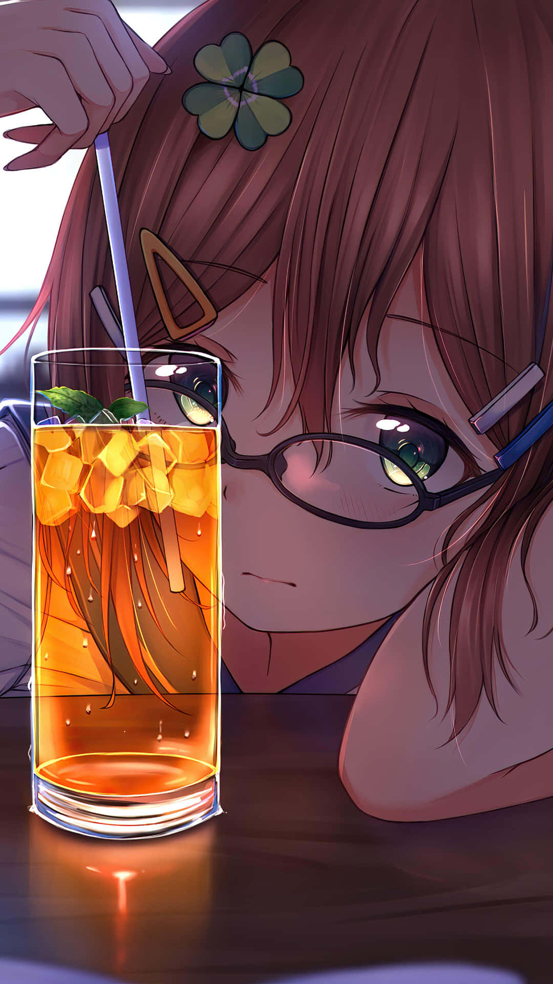 Anime Girl With Glassesand Iced Tea Wallpaper