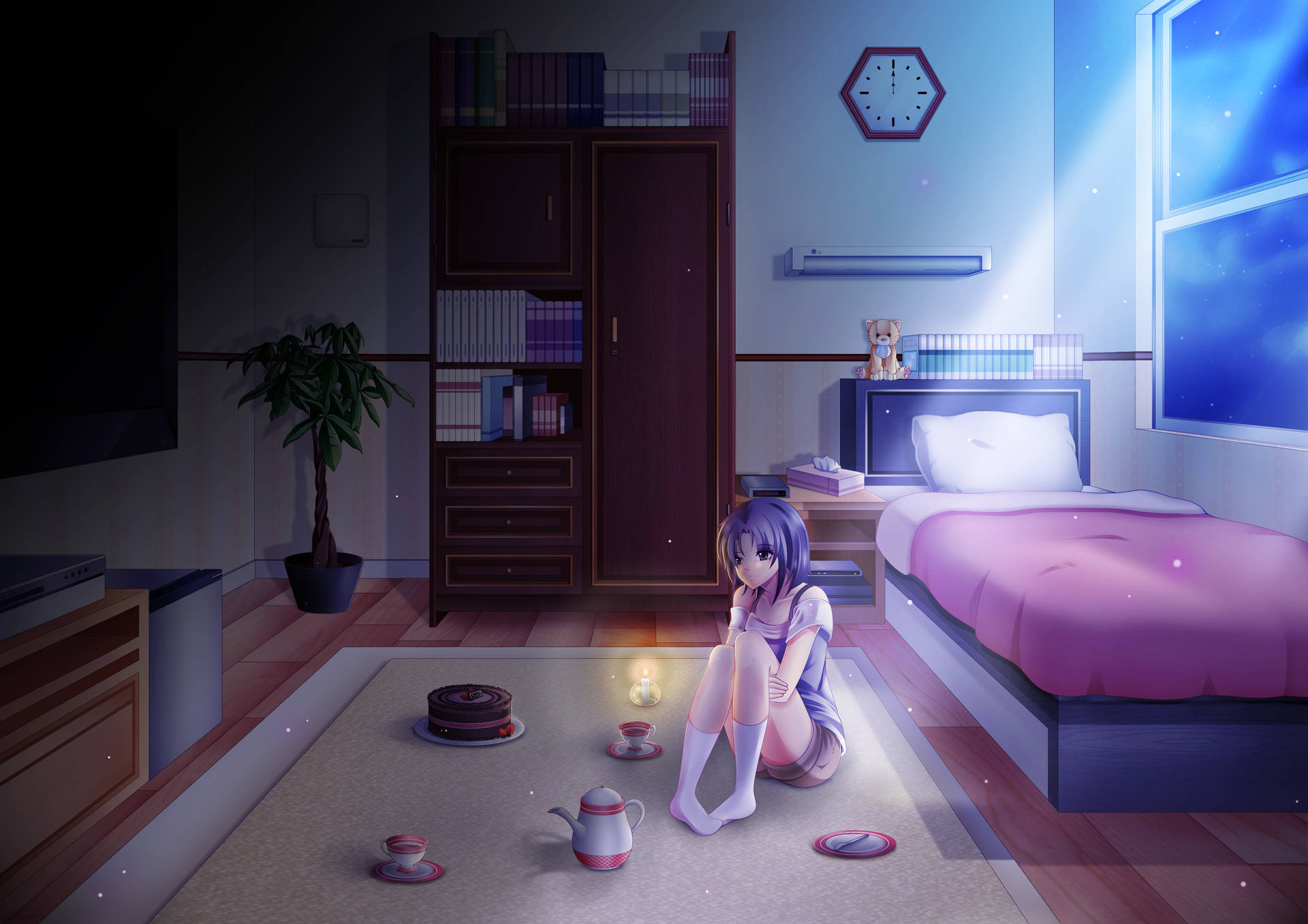 Anime Girl With Tea Cups In Bedroom Wallpaper