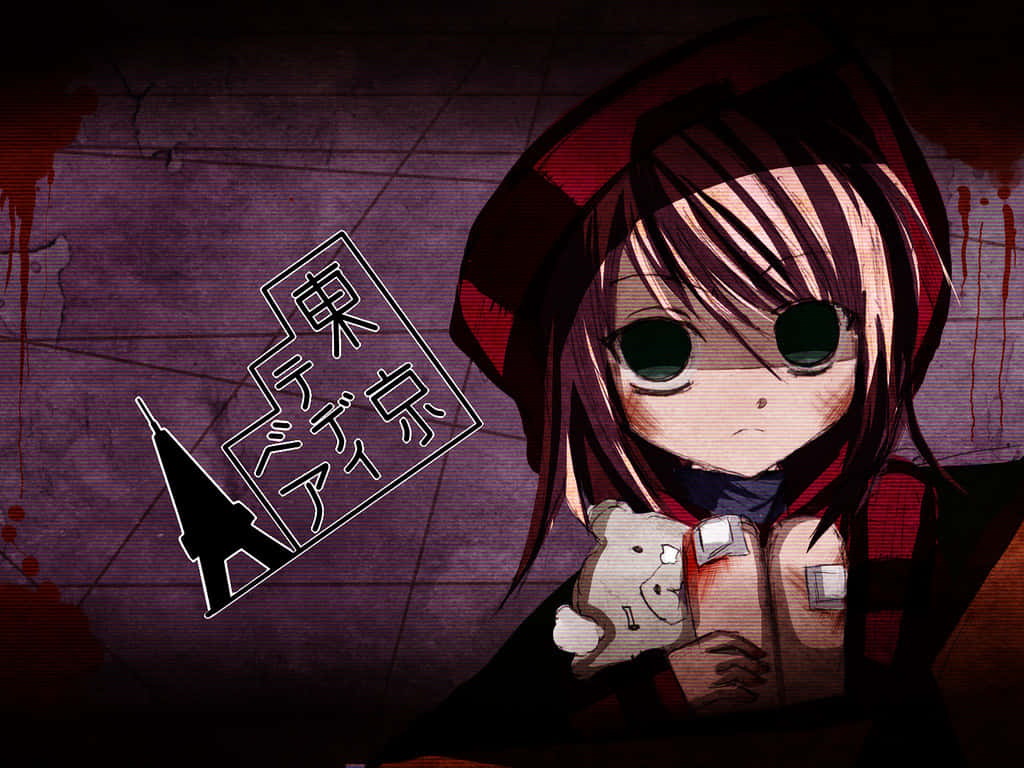 Anime_ Girl_with_ Teddy_and_ Bloody_ Background Wallpaper