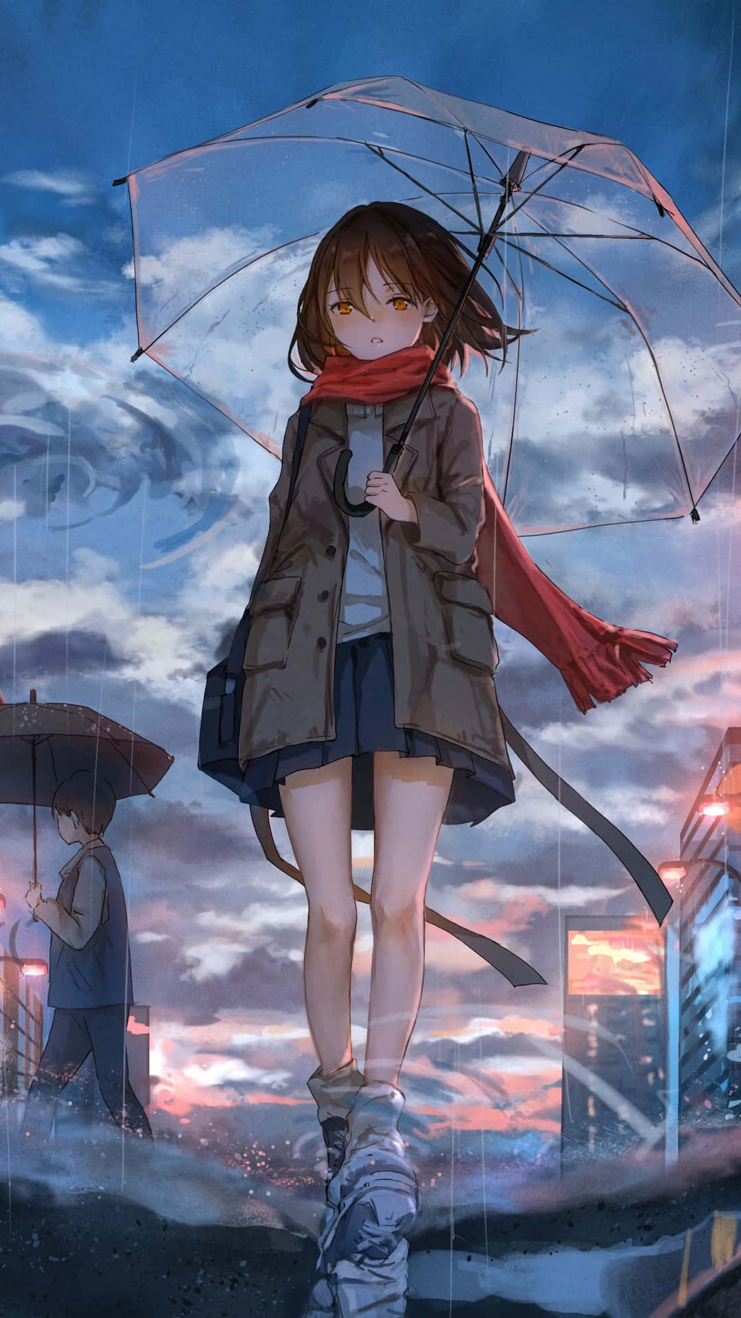 Anime Girl With Umbrella Dusk Scene Wallpaper