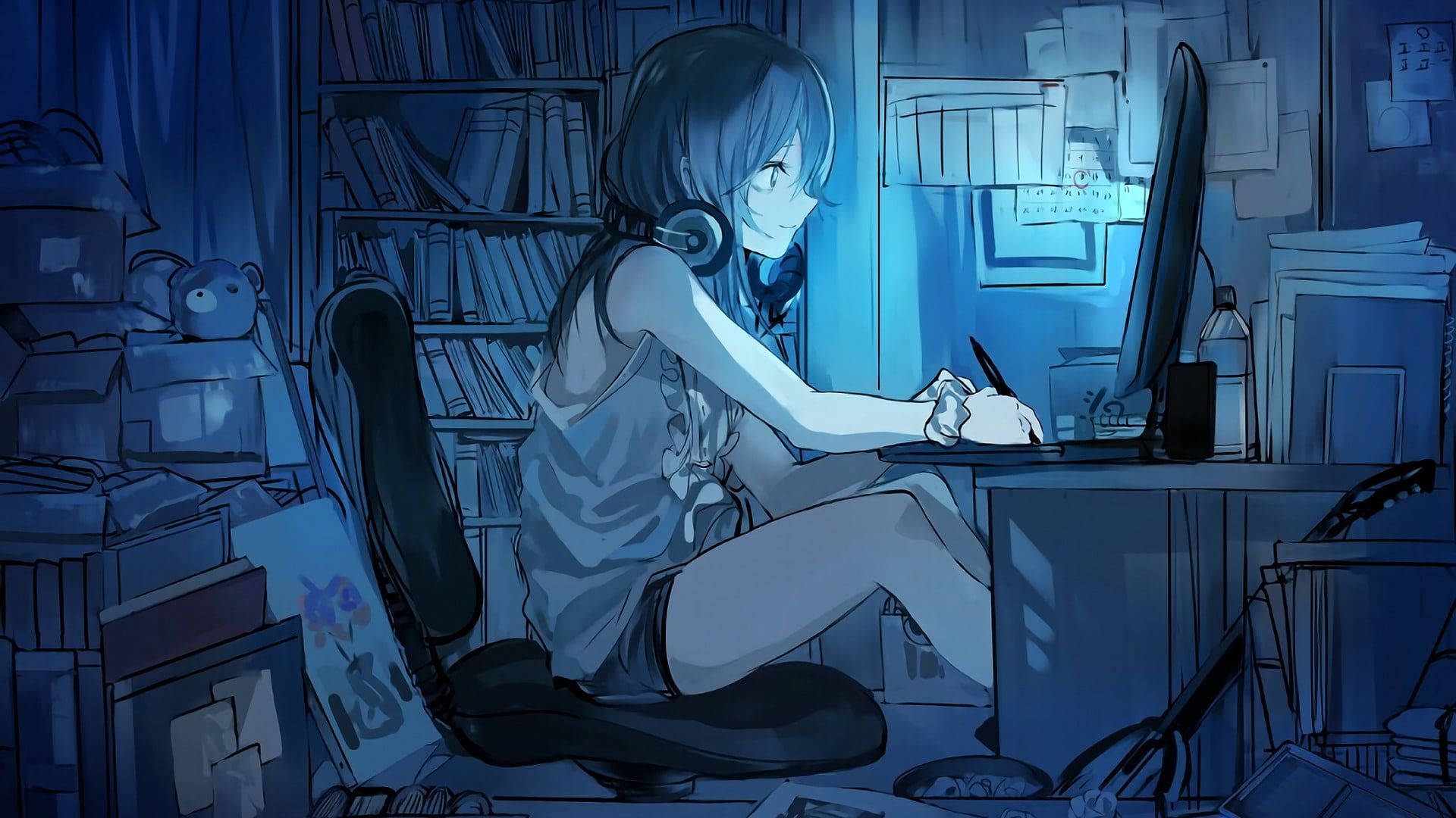 Anime Girl Working With Her Laptop In A Dim Room Wallpaper