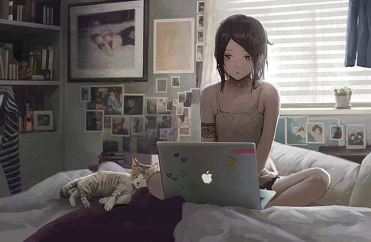 Download Anime Girl Working With Laptop On Bed Wallpaper 