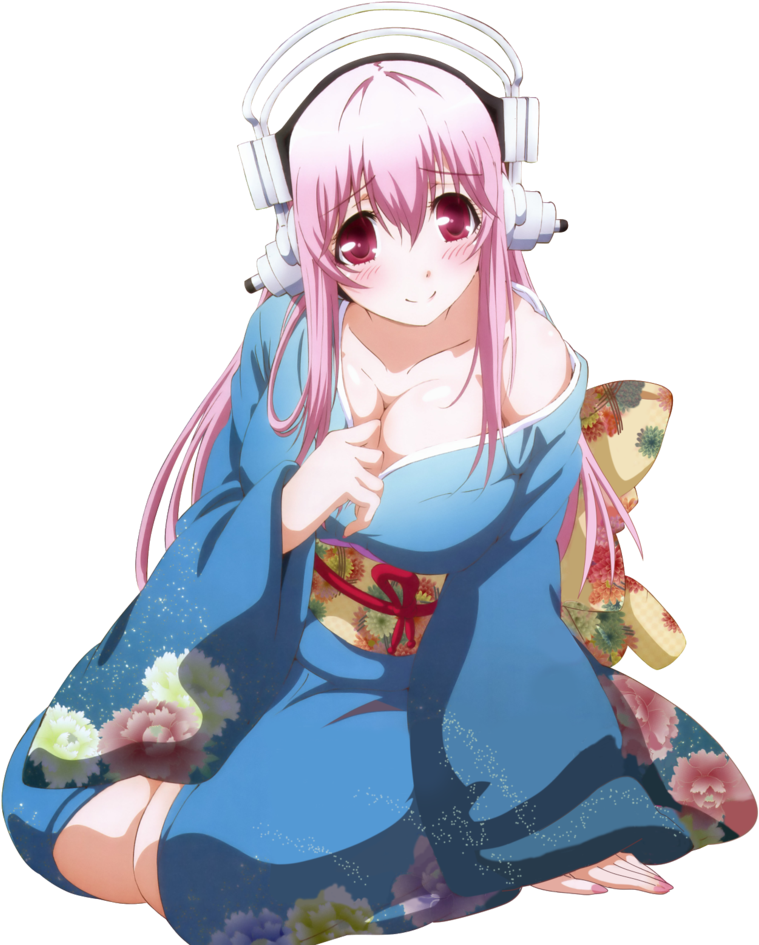 Anime Girlin Blue Kimonowith Headphones PNG