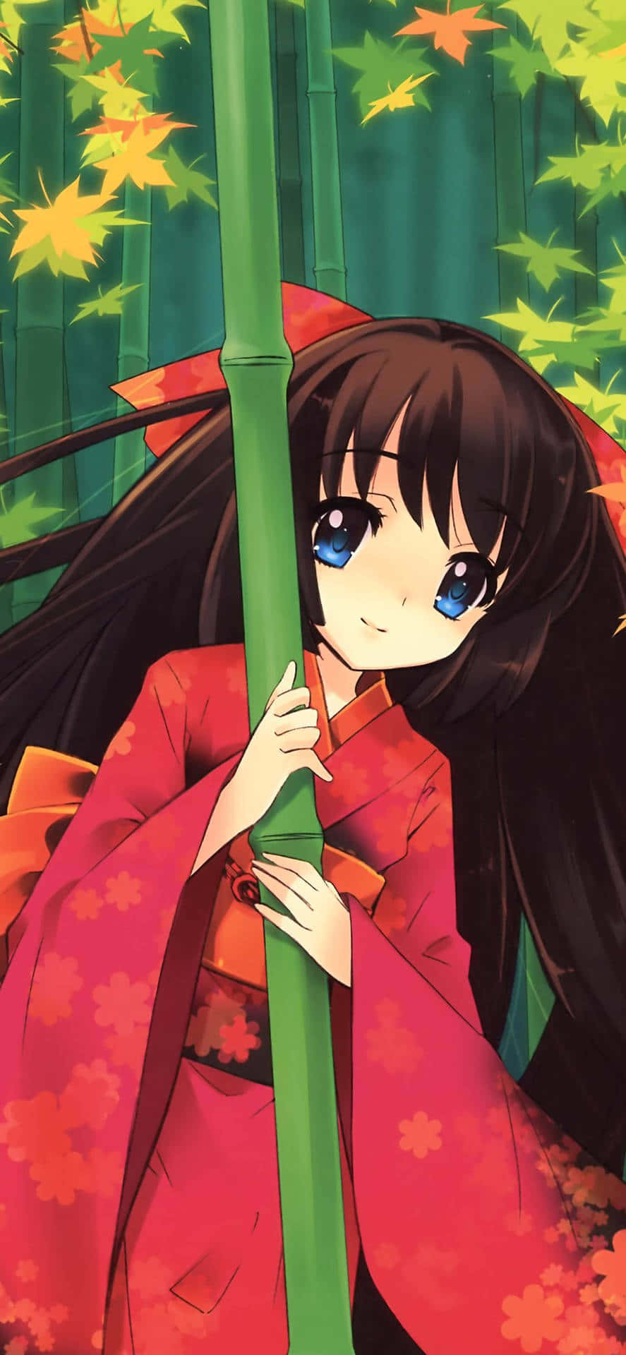 Anime Girlin Red Kimonowith Bamboo Wallpaper