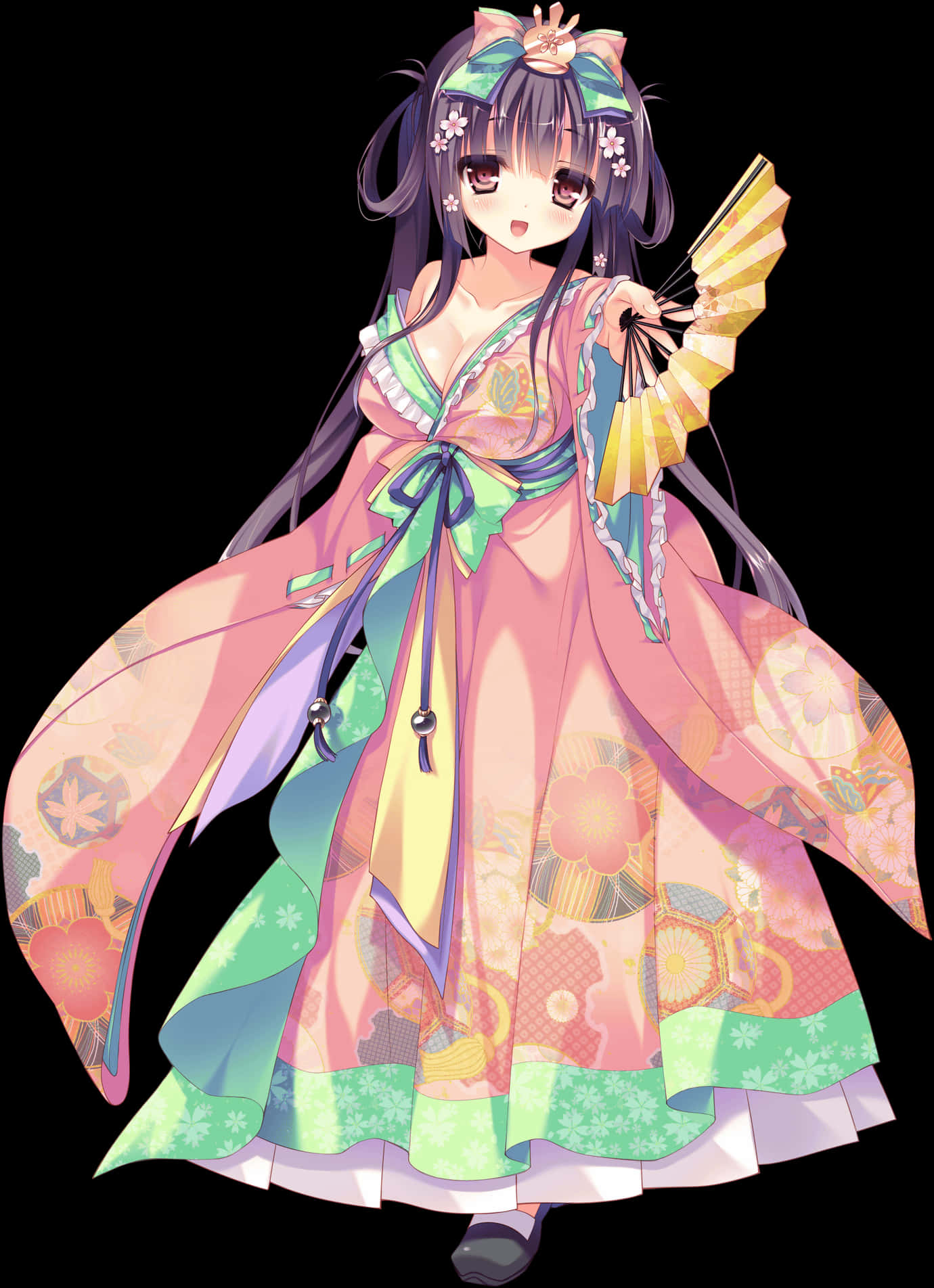 Anime Girlin Traditional Dresswith Fan PNG