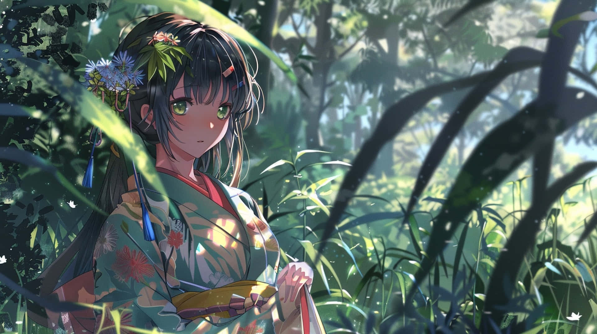 Anime Girlin Traditional Kimonoin Forest Wallpaper