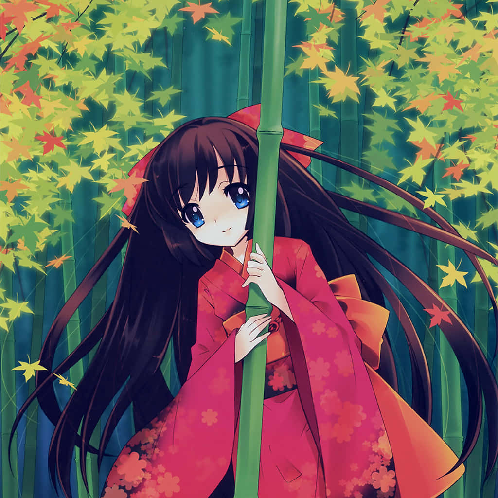 Anime Girlin Traditional Kimonowith Bamboo Wallpaper