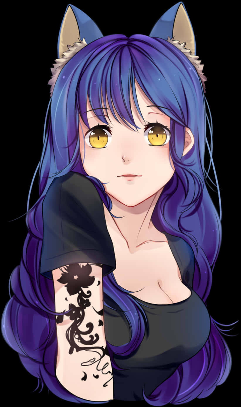 Anime Girlwith Blue Hairand Cat Ears PNG